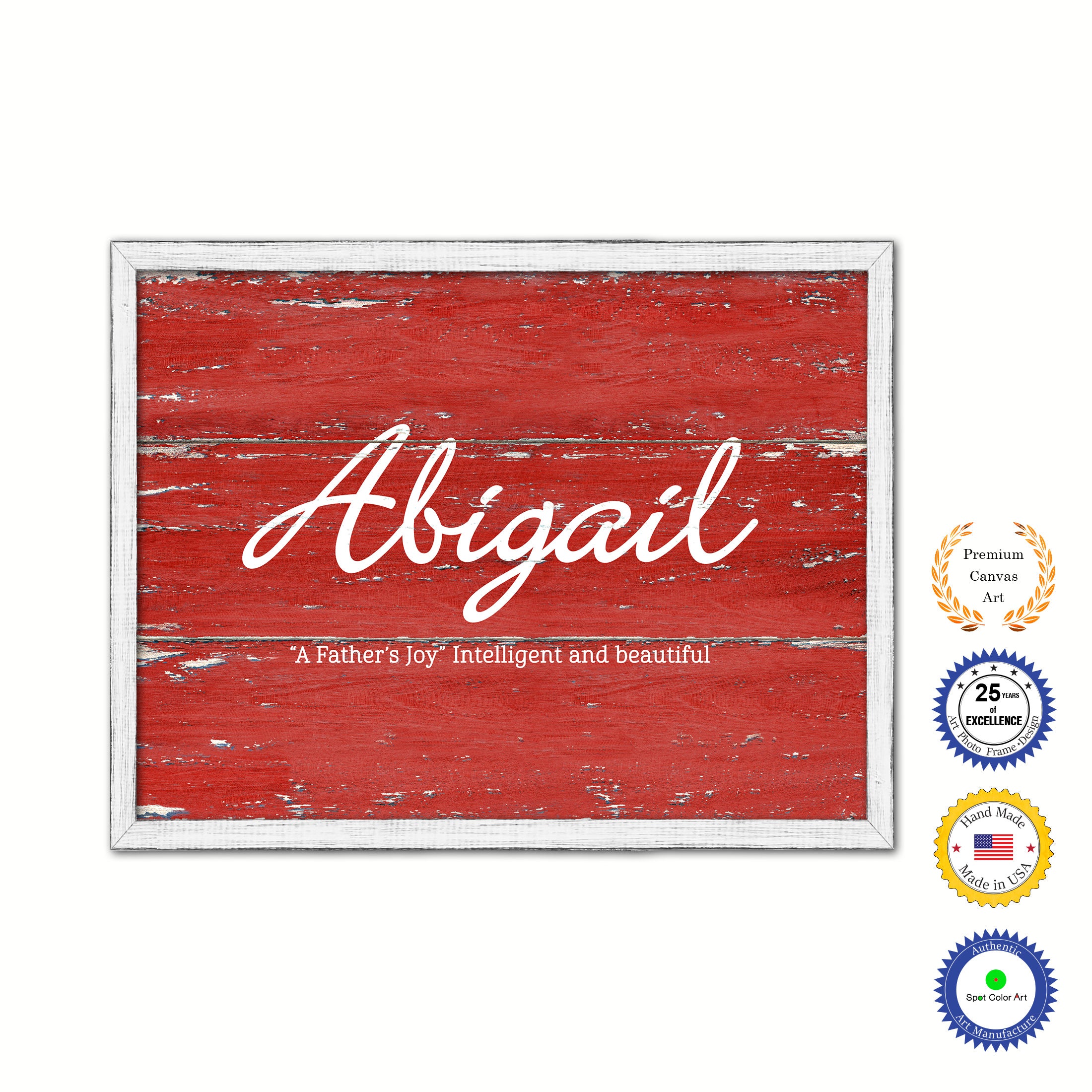 Abigail Name Plate White Wash Wood Frame Canvas Print Boutique Cottage Decor Shabby Chic