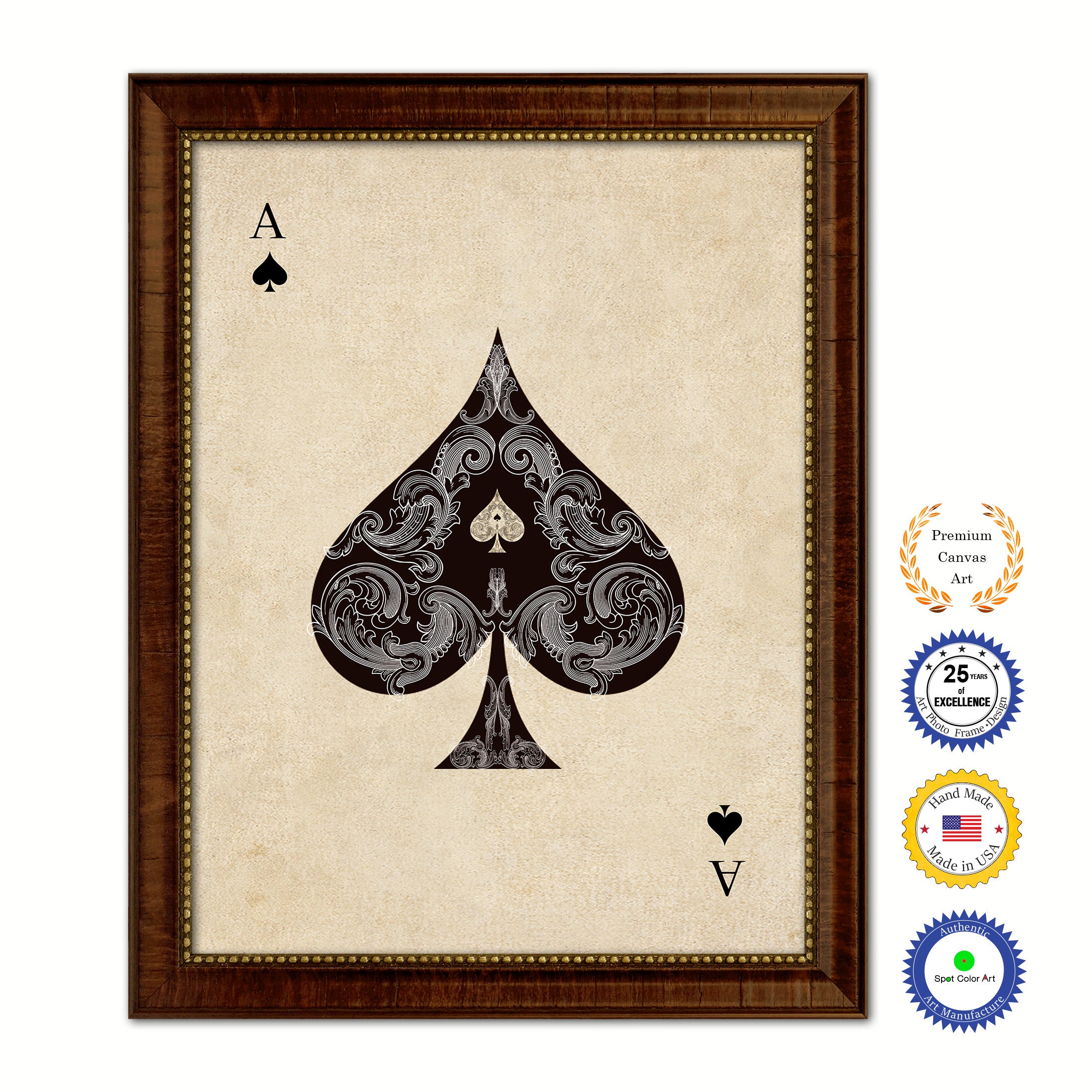 Ace Spades Poker Decks of Vintage Cards Print on Canvas Brown Custom Framed
