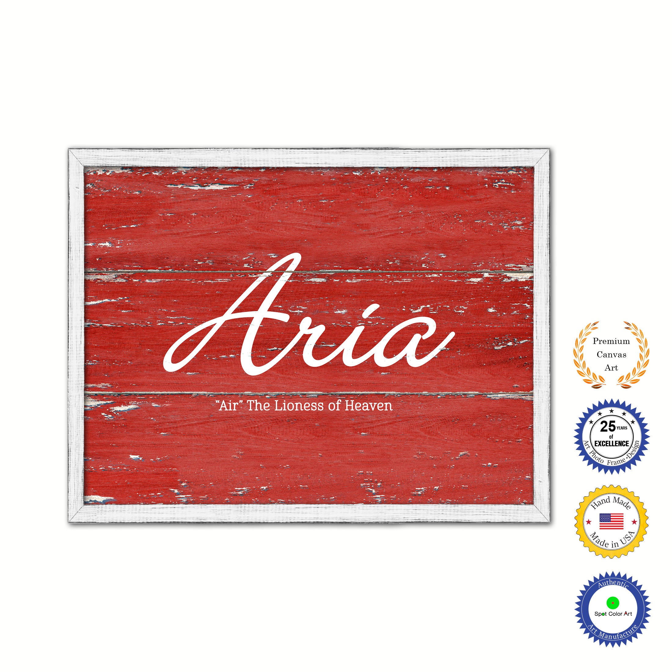 Aria Name Plate White Wash Wood Frame Canvas Print Boutique Cottage Decor Shabby Chic