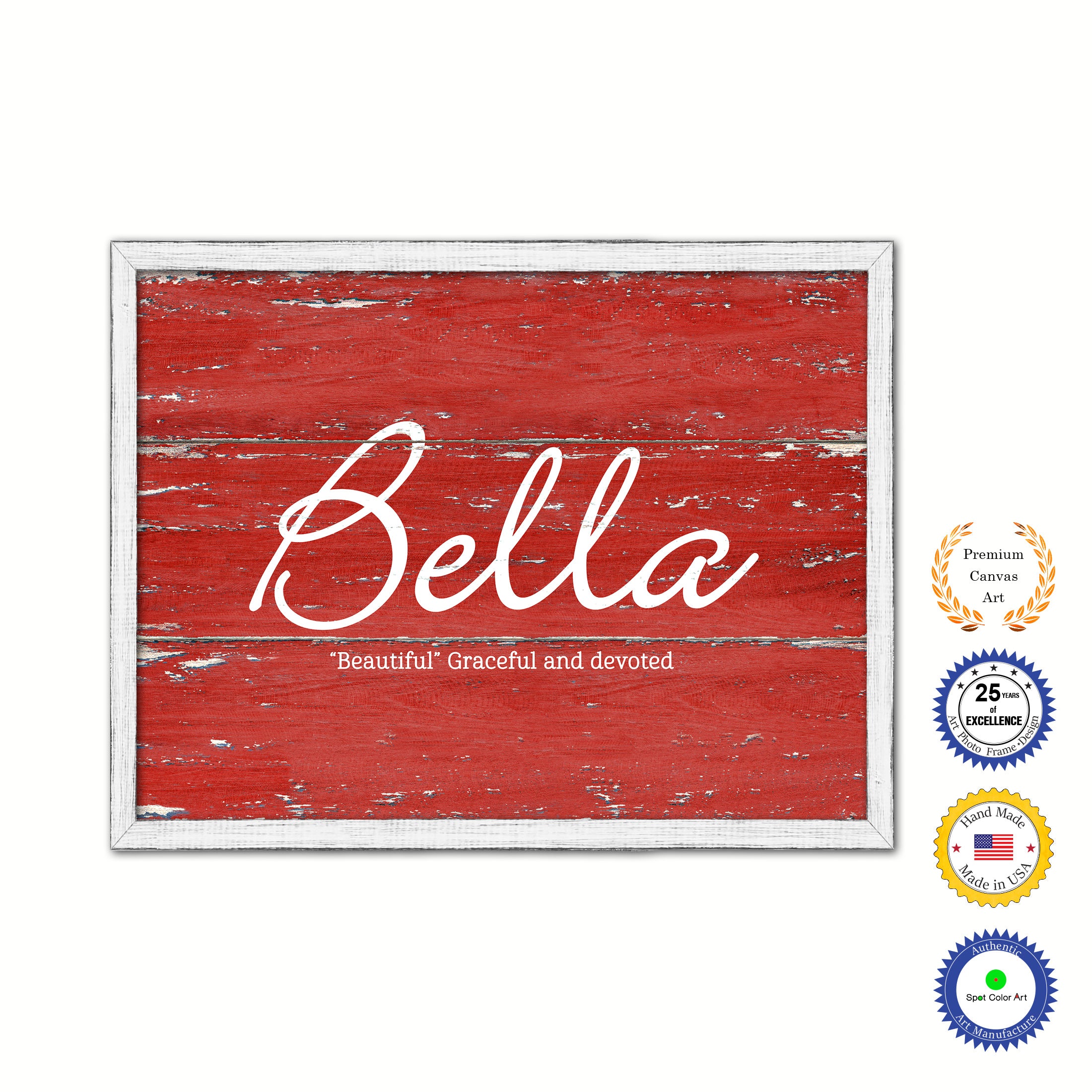 Bella Name Plate White Wash Wood Frame Canvas Print Boutique Cottage Decor Shabby Chic