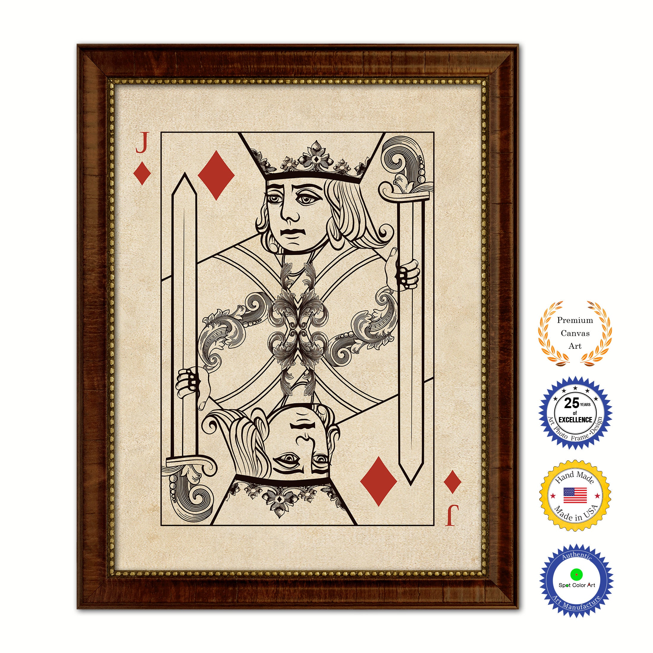 Jack Diamond Poker Decks of Vintage Cards Print on Canvas Brown Custom Framed