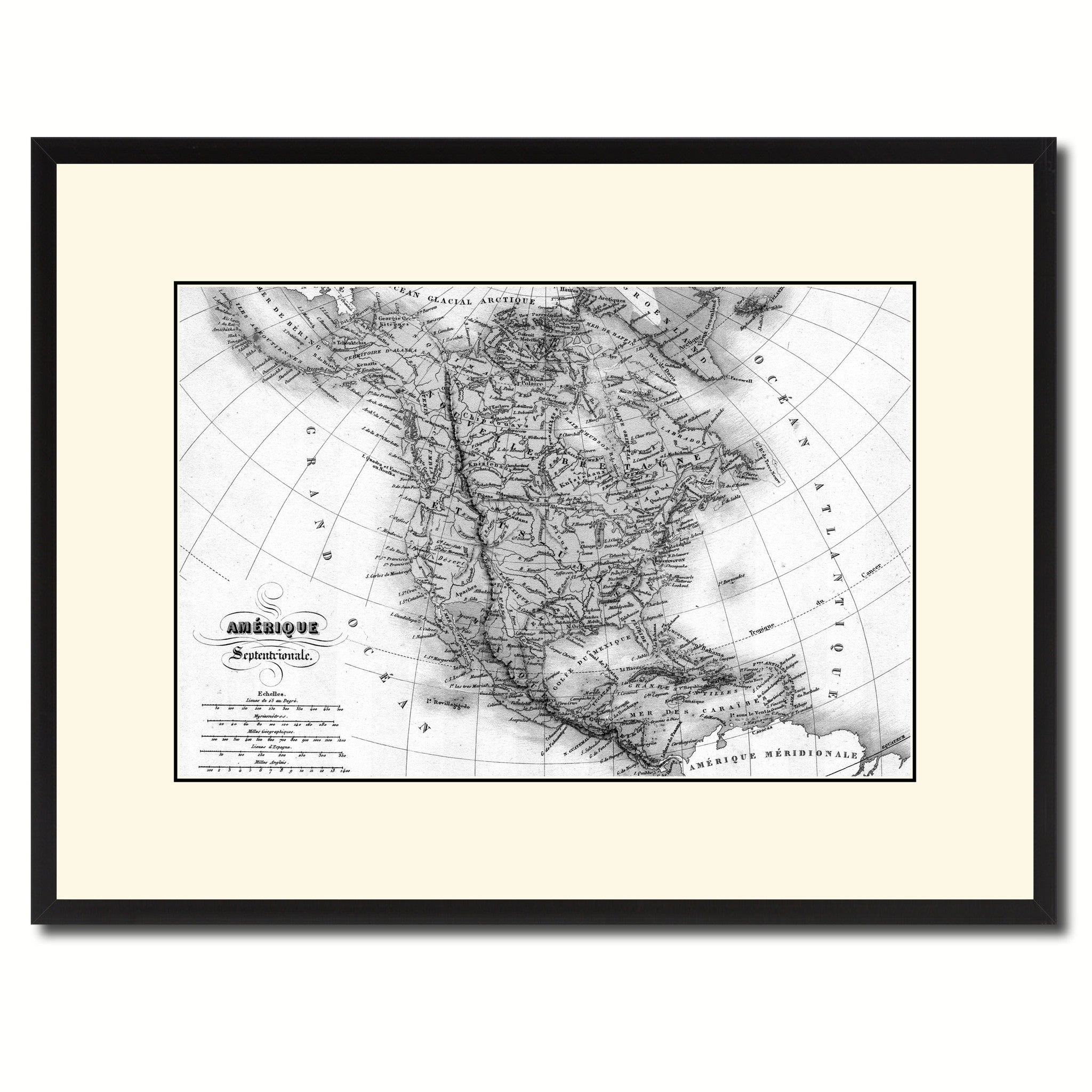 North America Canada Mexico Vintage B&W Map Canvas Print, Picture Frame Home Decor Wall Art Gift Ideas