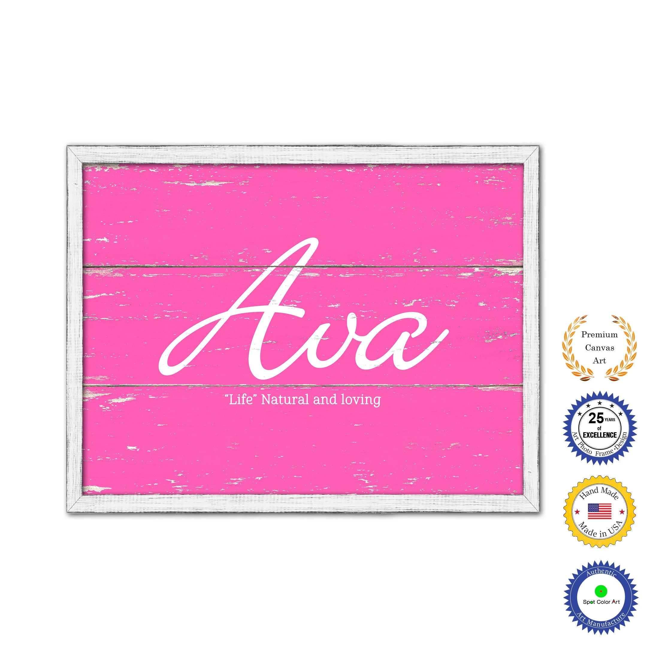 Ava Name Plate White Wash Wood Frame Canvas Print Boutique Cottage Decor Shabby Chic