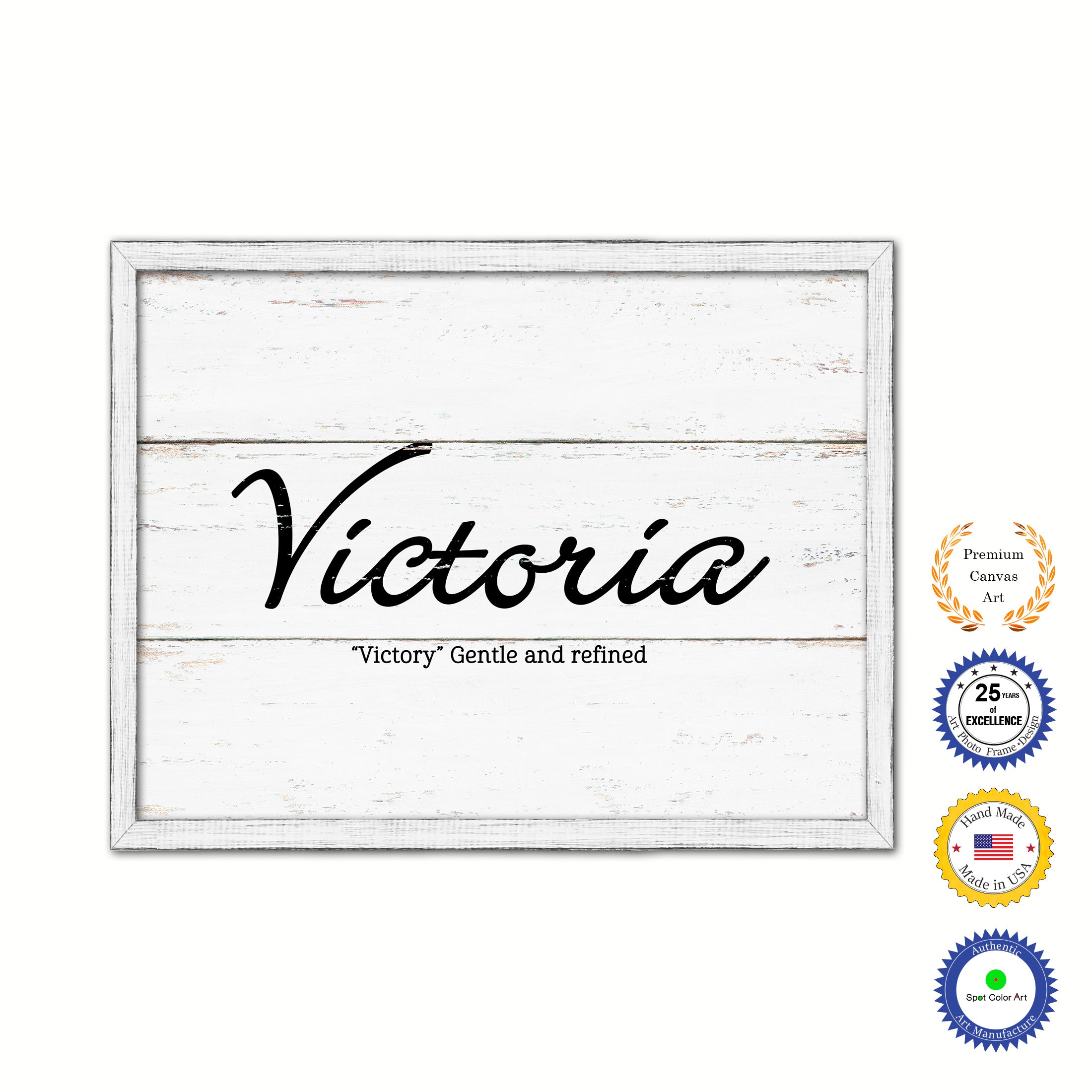 Victoria Name Plate White Wash Wood Frame Canvas Print Boutique Cottage Decor Shabby Chic