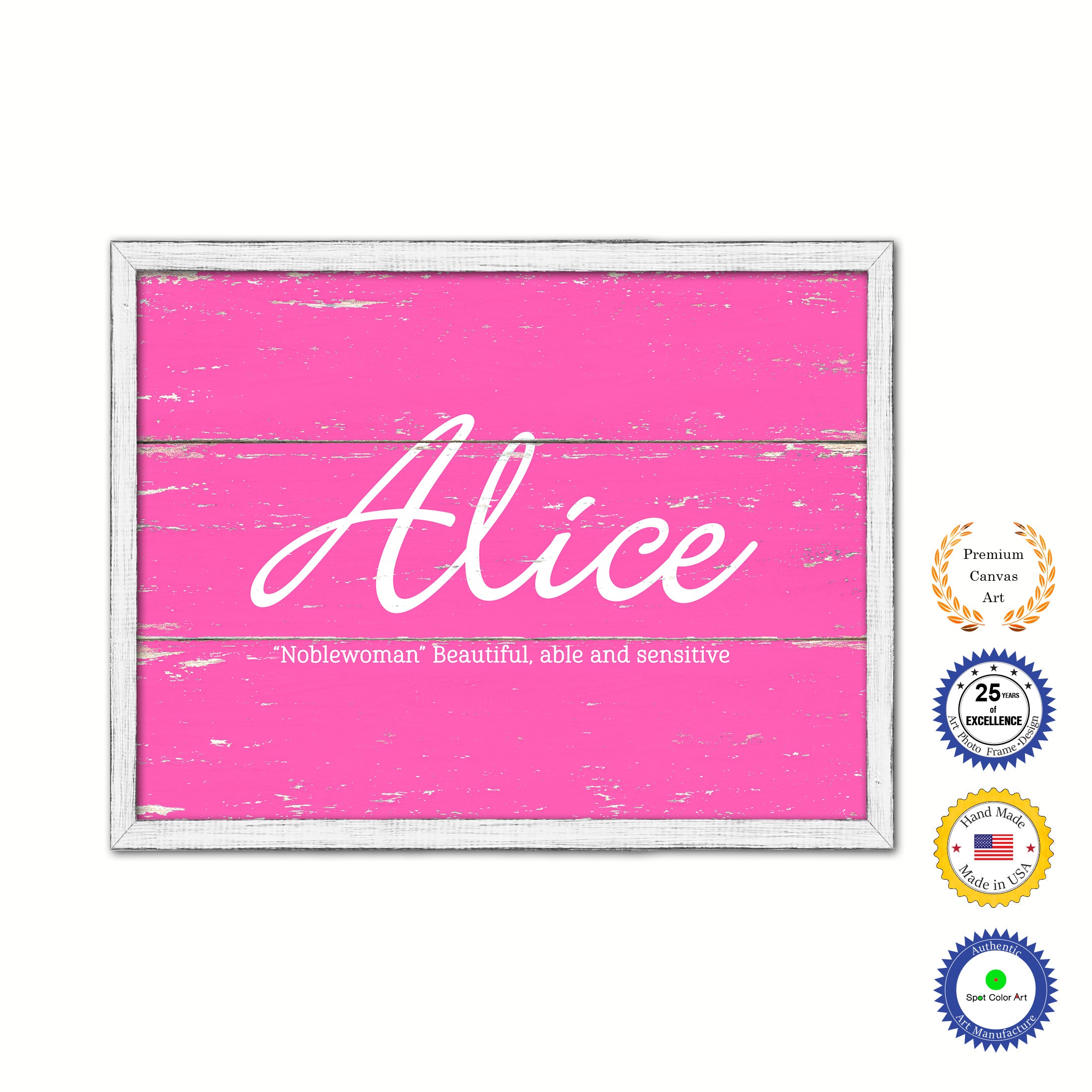Alice Name Plate White Wash Wood Frame Canvas Print Boutique Cottage Decor Shabby Chic