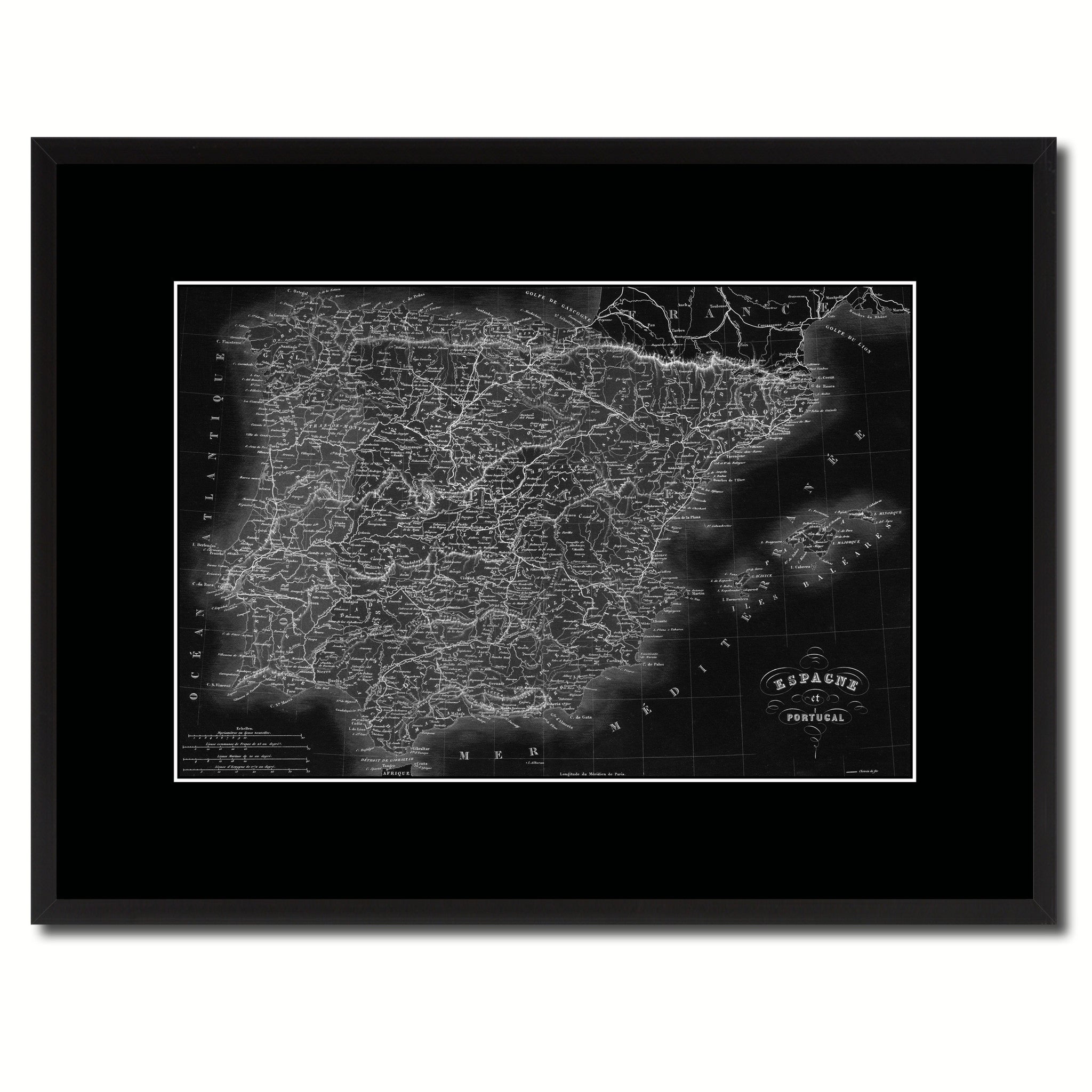Spain Portugal Vintage Monochrome Map Canvas Print, Gifts Picture Frames Home Decor Wall Art