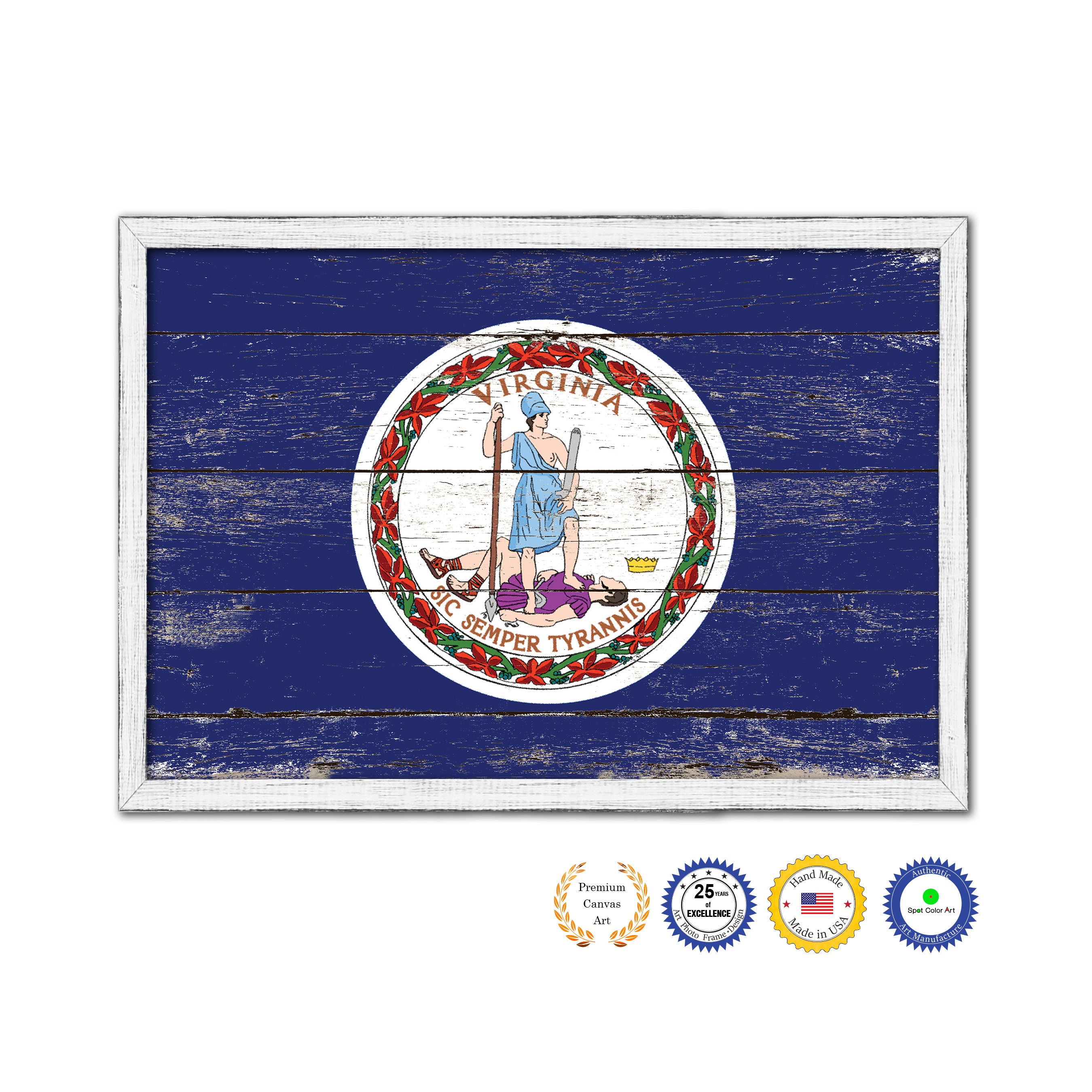 Virginia State Flag Shabby Chic Gifts Home Decor Wall Art Canvas Print, White Wash Wood Frame