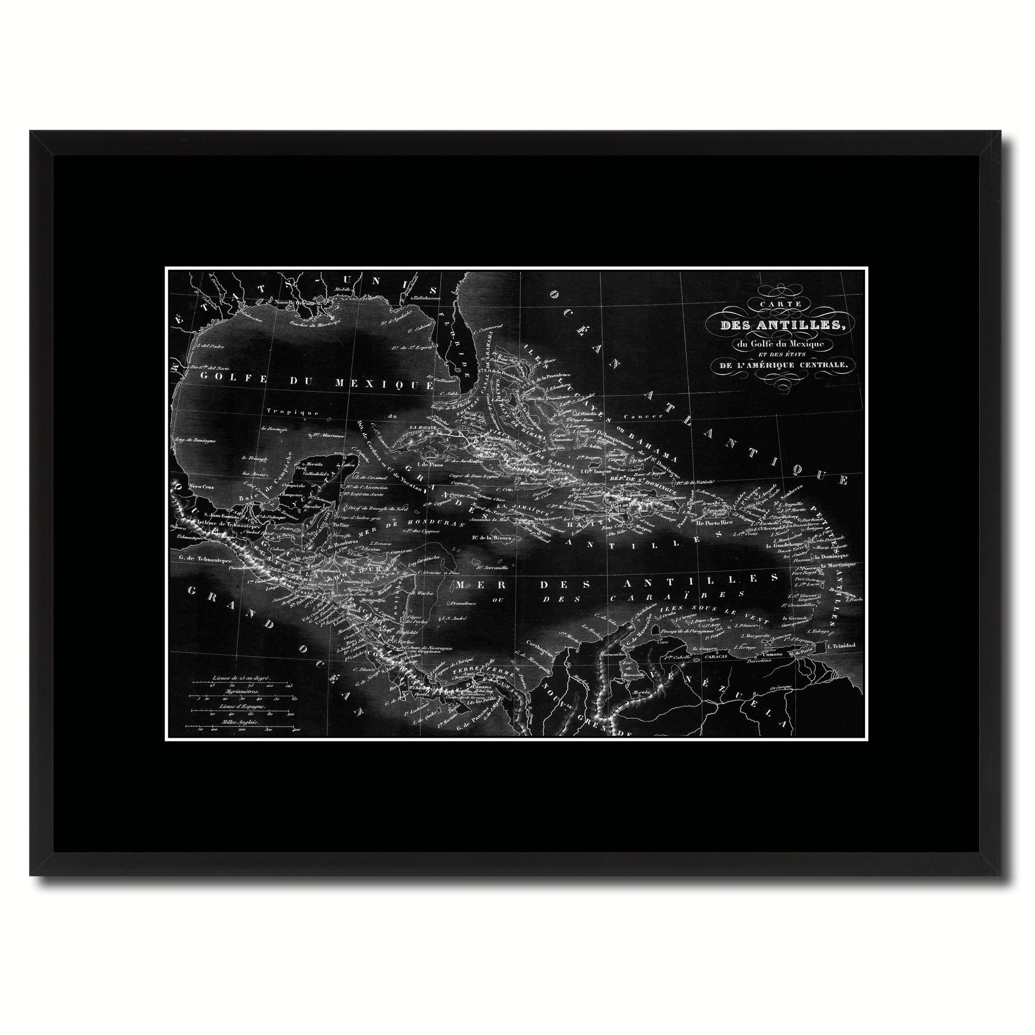 West Indies Caribbean Vintage Monochrome Map Canvas Print, Gifts Picture Frames Home Decor Wall Art