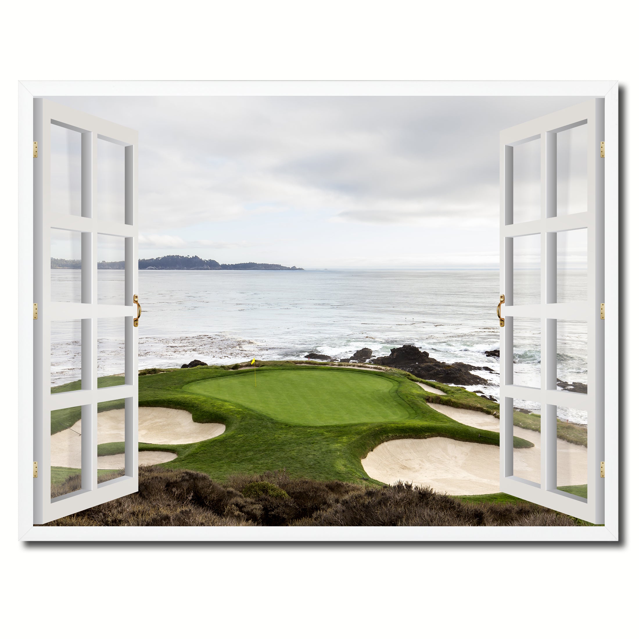 Pebble Beach California Golf Course Picture French Window Framed Canvas Print Home Decor Wall Art Collection