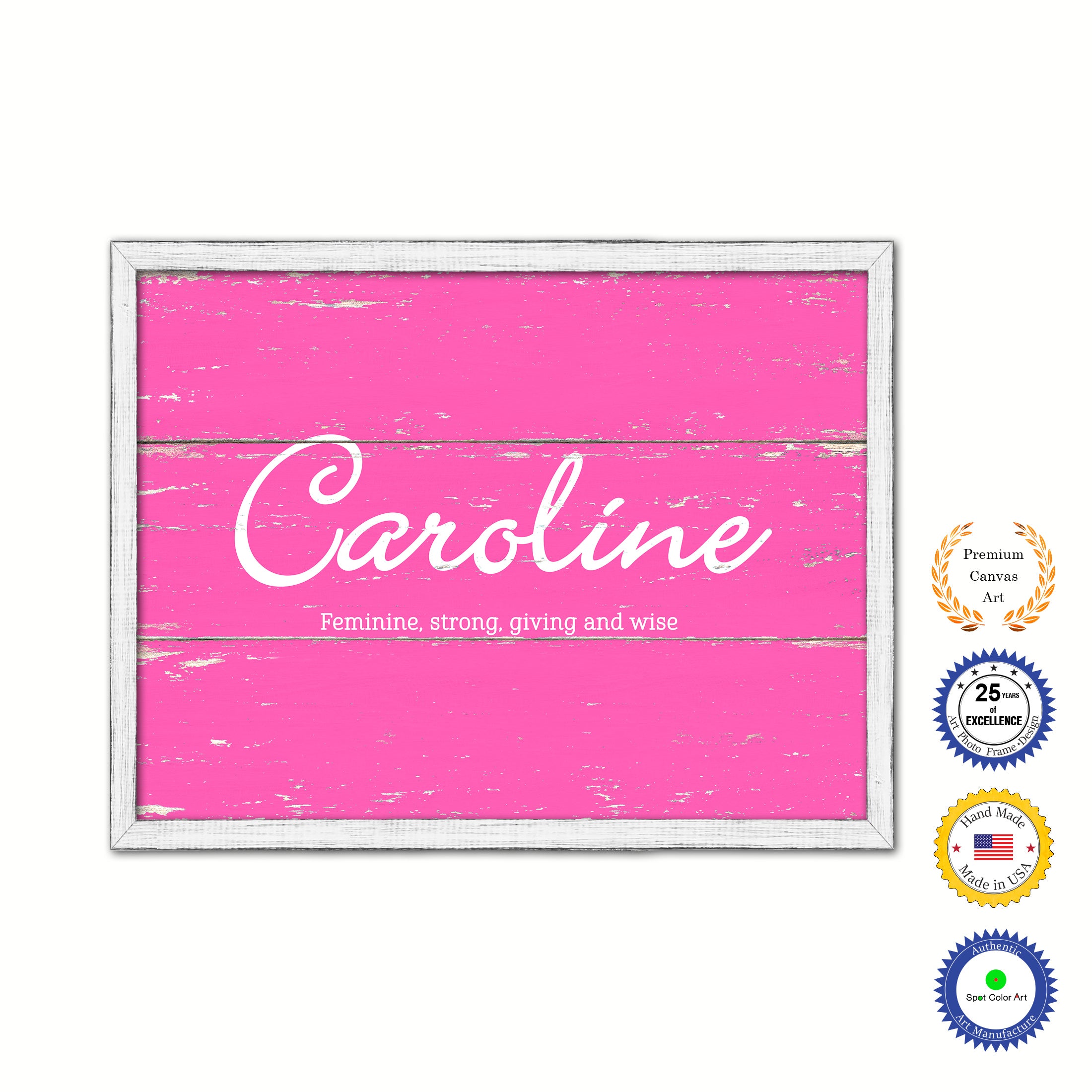 Caroline Name Plate White Wash Wood Frame Canvas Print Boutique Cottage Decor Shabby Chic
