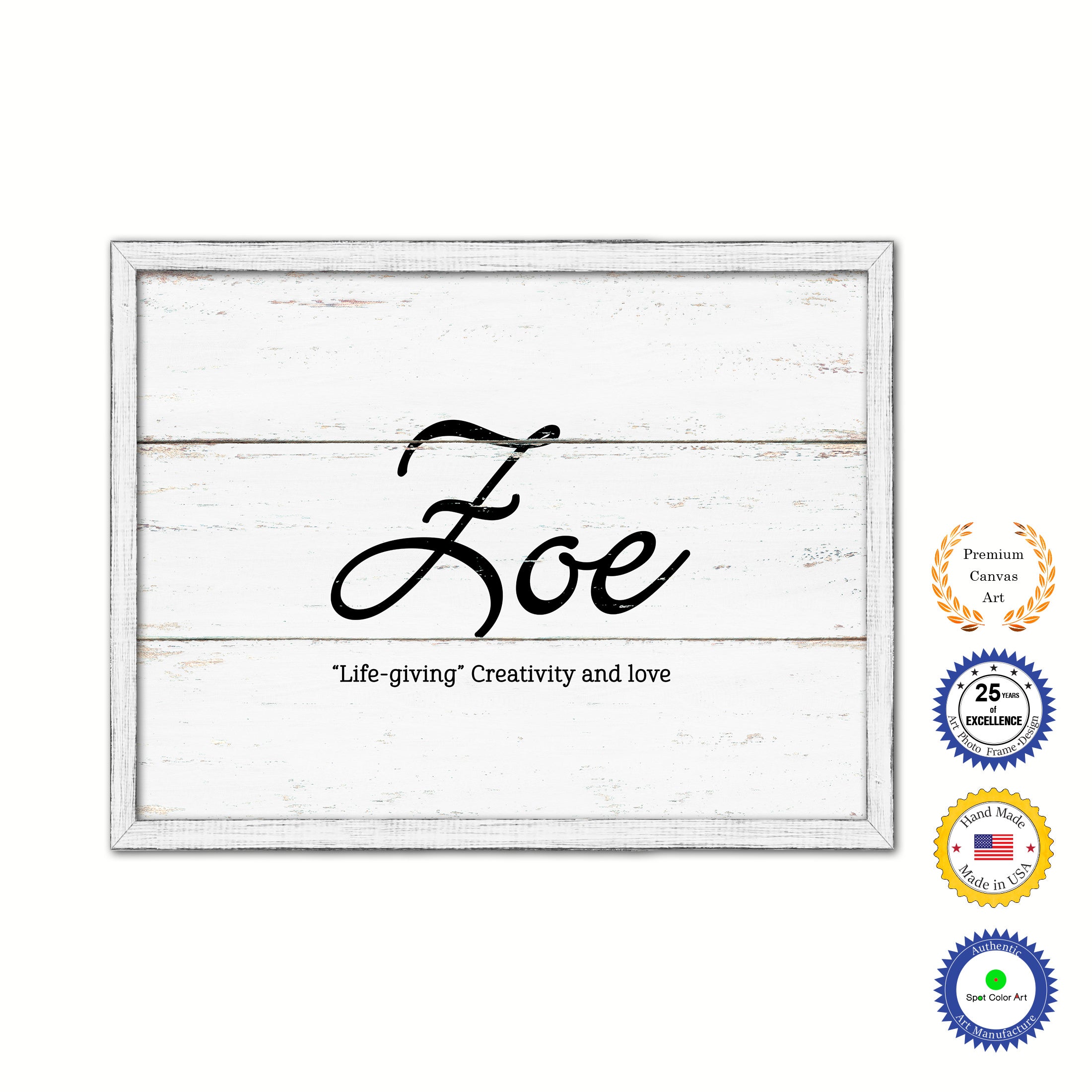 Zoe Name Plate White Wash Wood Frame Canvas Print Boutique Cottage Decor Shabby Chic