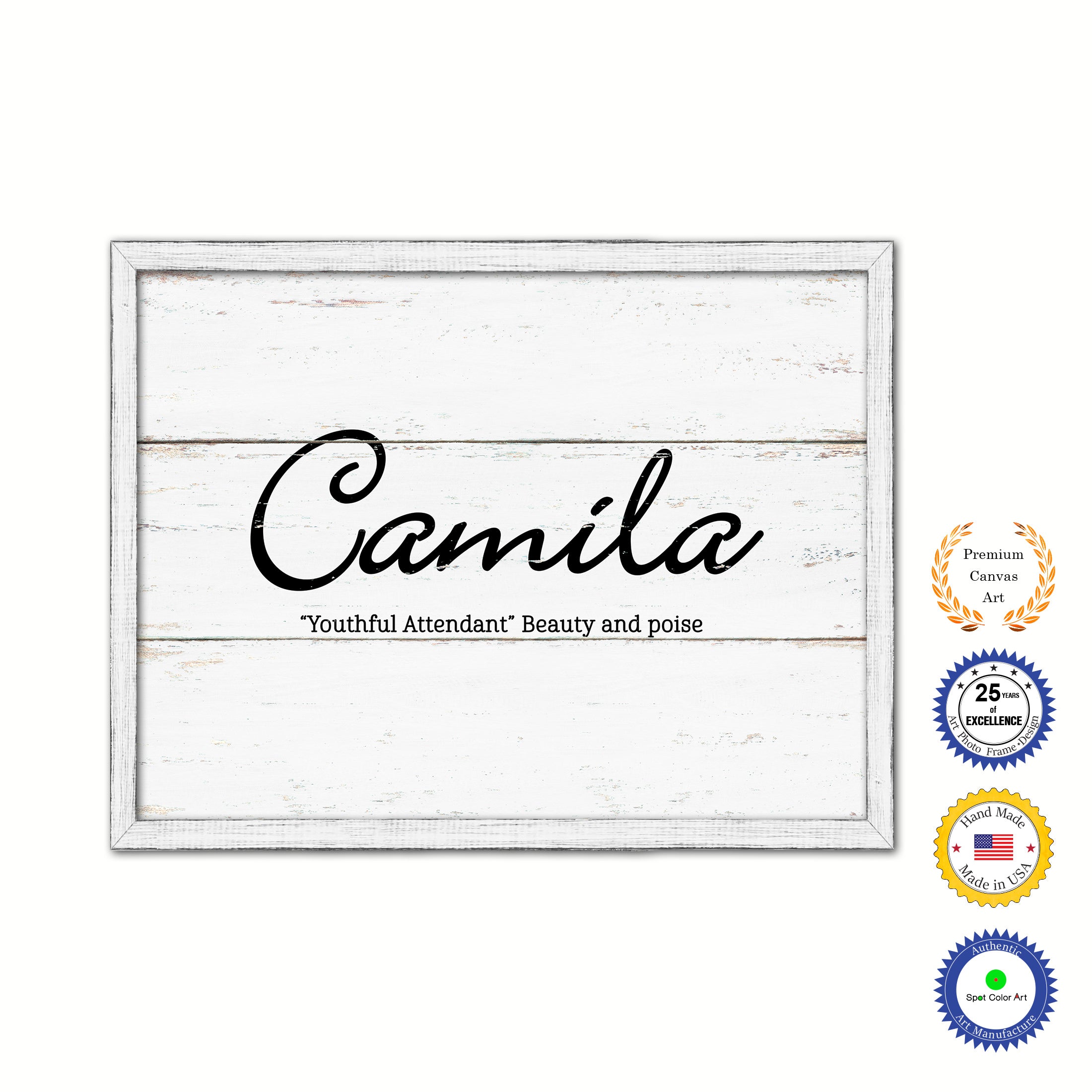 Camila Name Plate White Wash Wood Frame Canvas Print Boutique Cottage Decor Shabby Chic