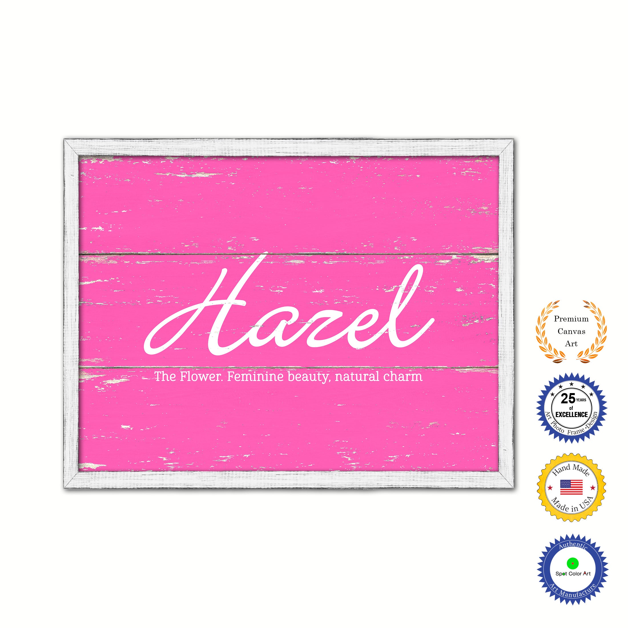 Hazel Name Plate White Wash Wood Frame Canvas Print Boutique Cottage Decor Shabby Chic