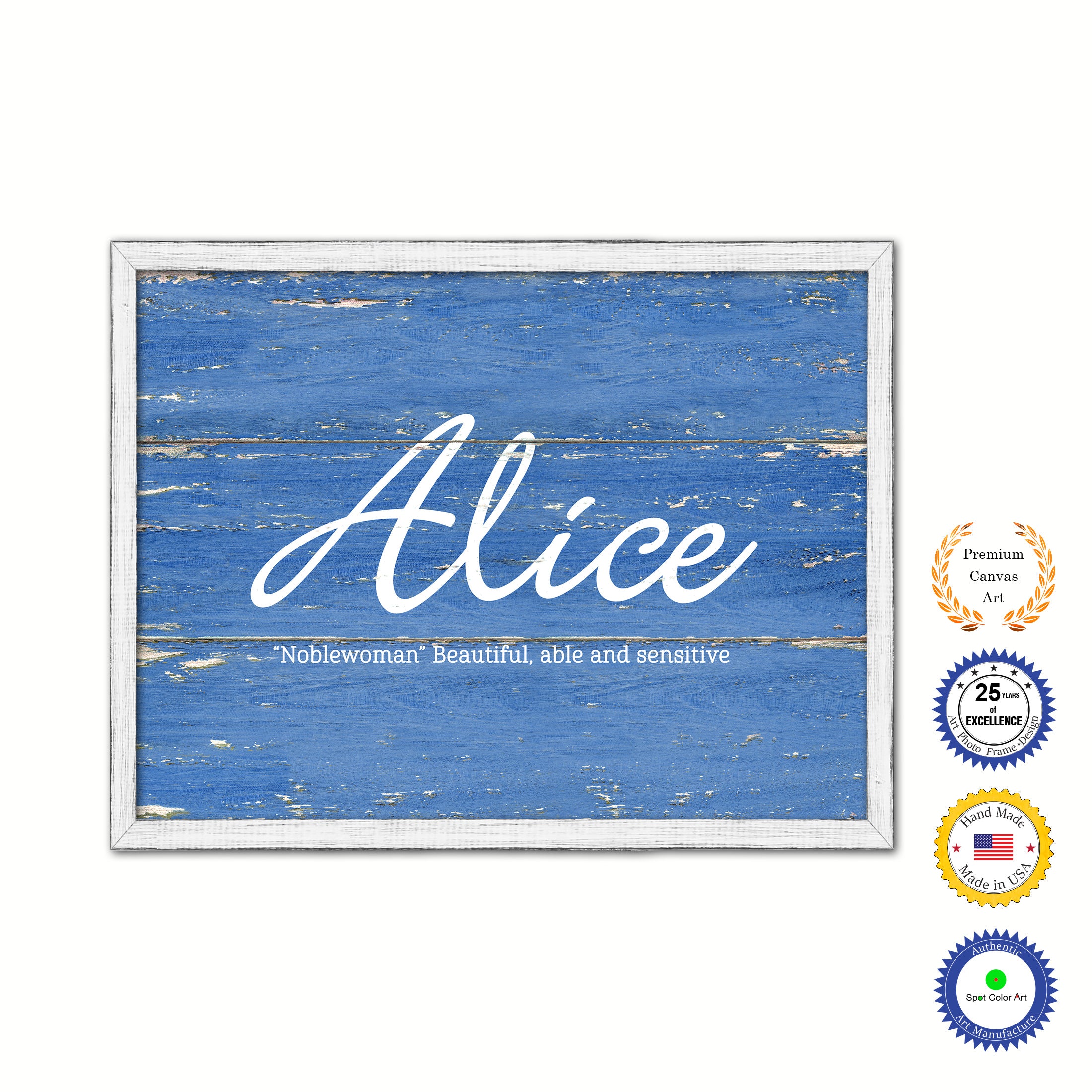 Alice Name Plate White Wash Wood Frame Canvas Print Boutique Cottage Decor Shabby Chic
