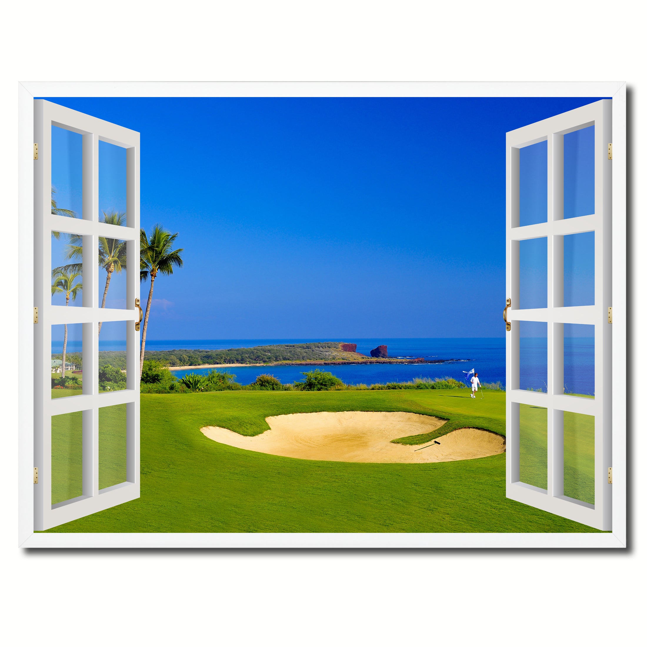 Coastal Golf Course Picture French Window Framed Canvas Print Home Decor Wall Art Collection