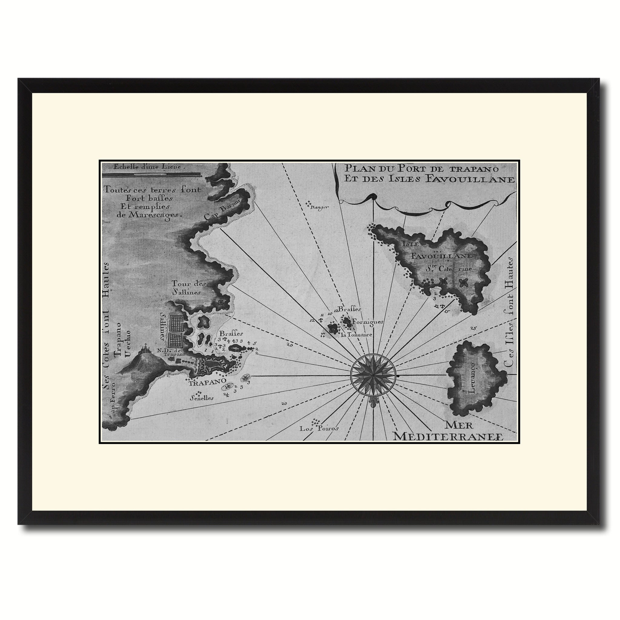 Sicily West Aegadian Islands Vintage B&W Map Canvas Print, Picture Frame Home Decor Wall Art Gift Ideas