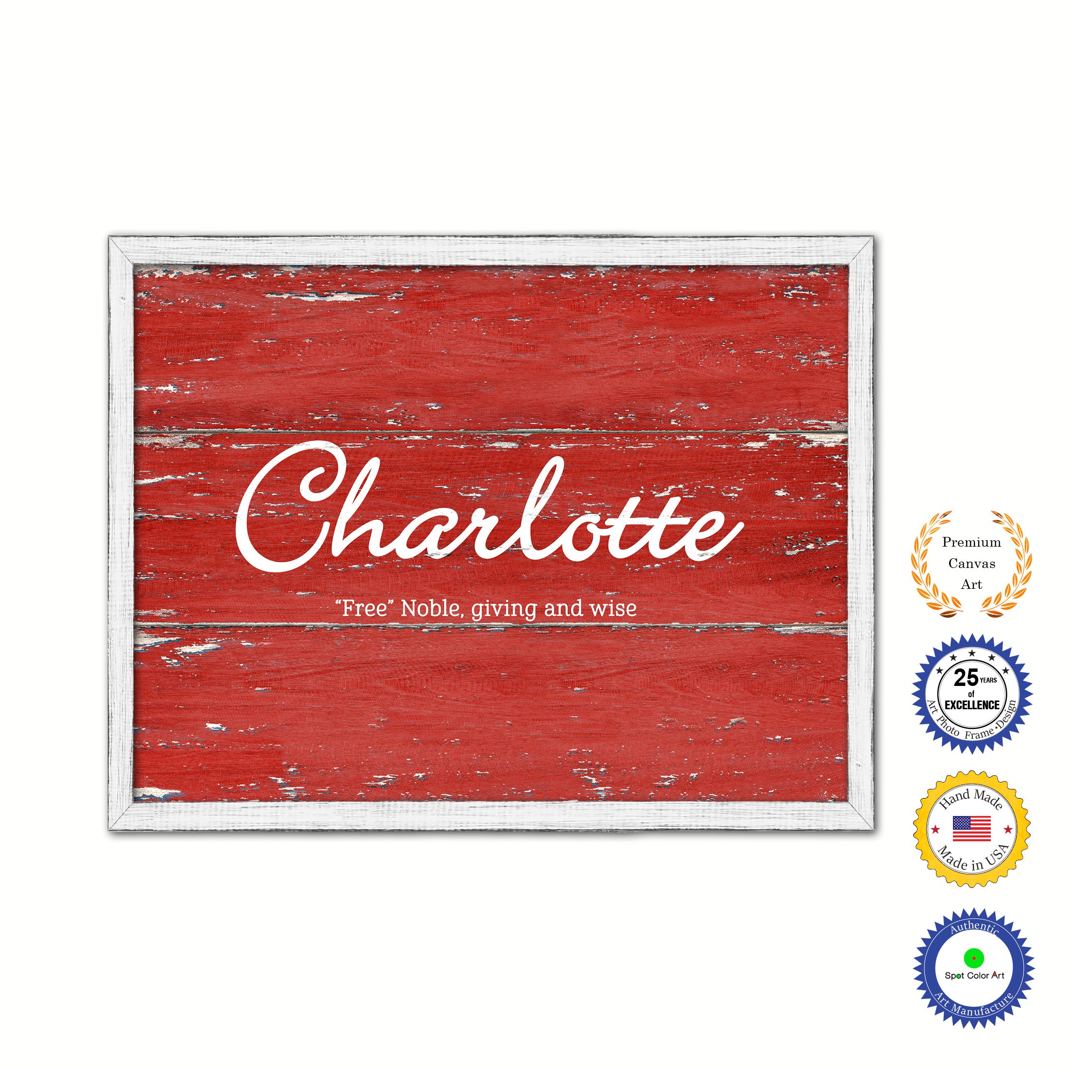 Charlotte Name Plate White Wash Wood Frame Canvas Print Boutique Cottage Decor Shabby Chic