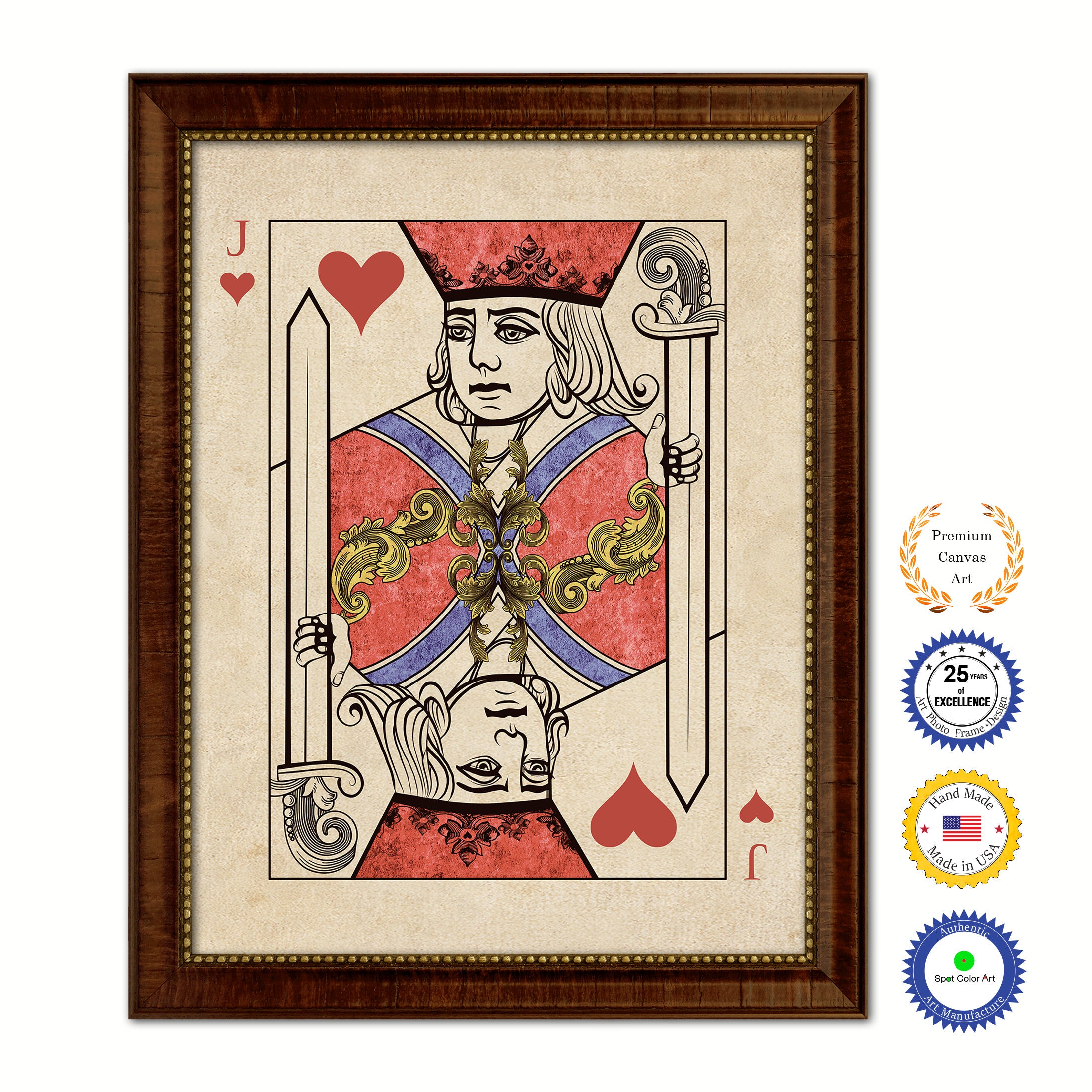 Jack Heart Poker Decks of Vintage Cards Print on Canvas Brown Custom Framed