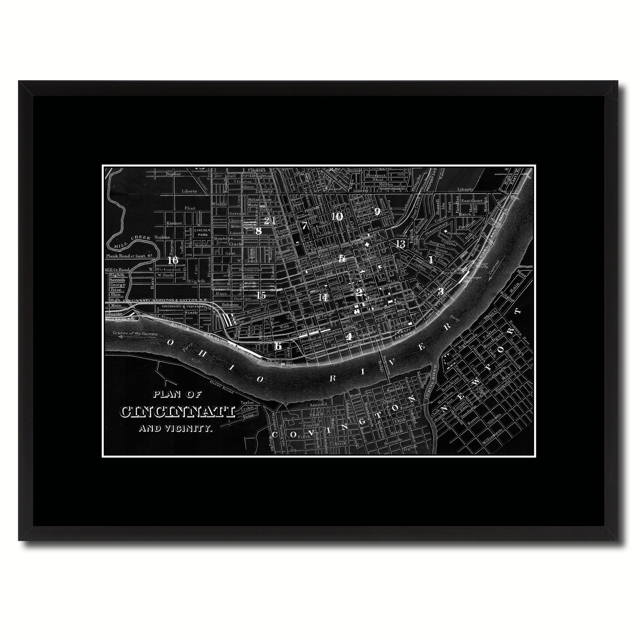 Cincinnati Vintage Monochrome Map Canvas Print, Gifts Picture Frames Home Decor Wall Art