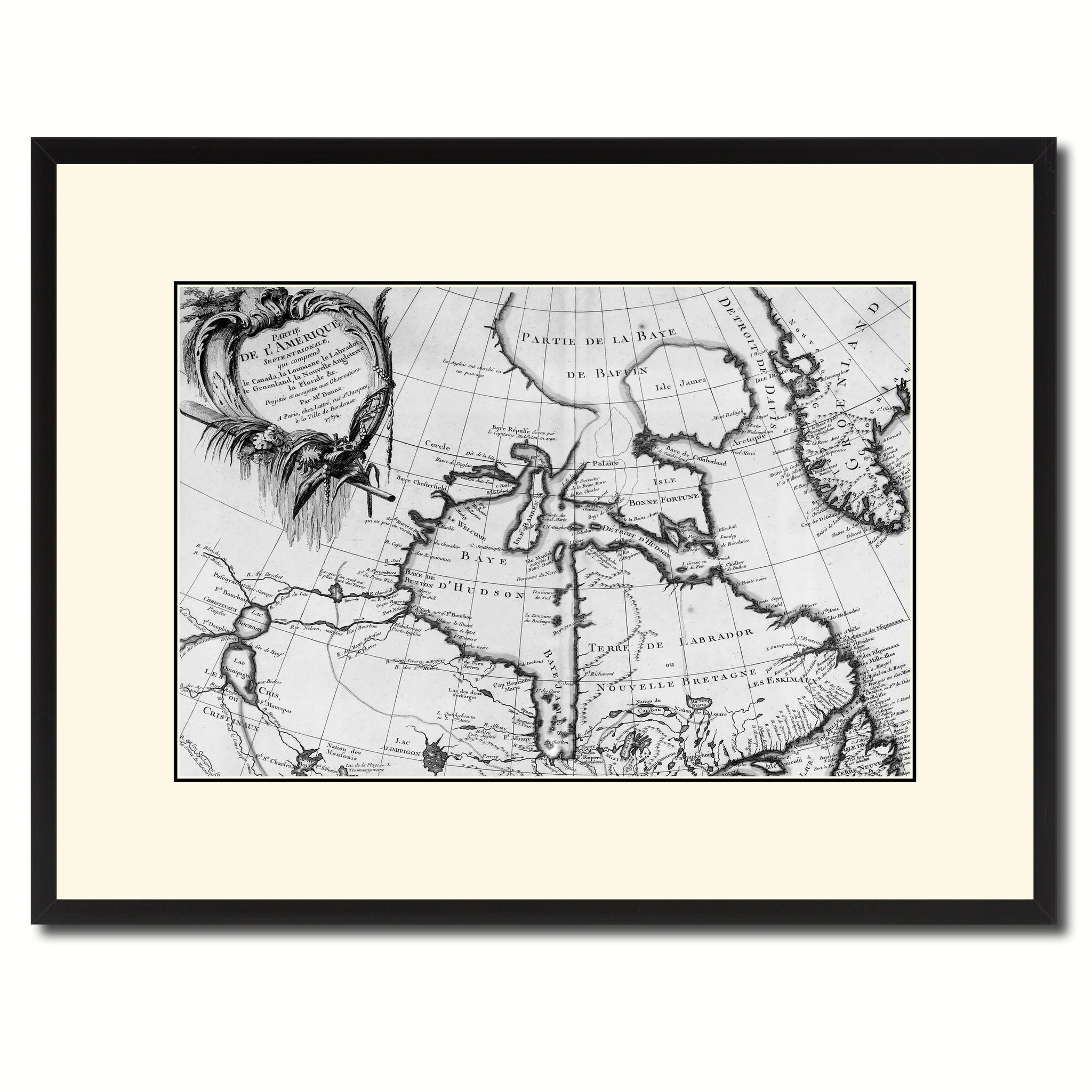 North East Canada & Greenland Vintage B&W Map Canvas Print, Picture Frame Home Decor Wall Art Gift Ideas
