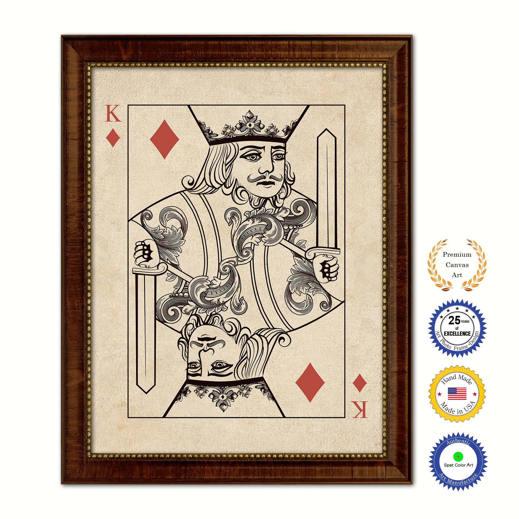 King Diamond Poker Decks of Vintage Cards Print on Canvas Brown Custom Framed