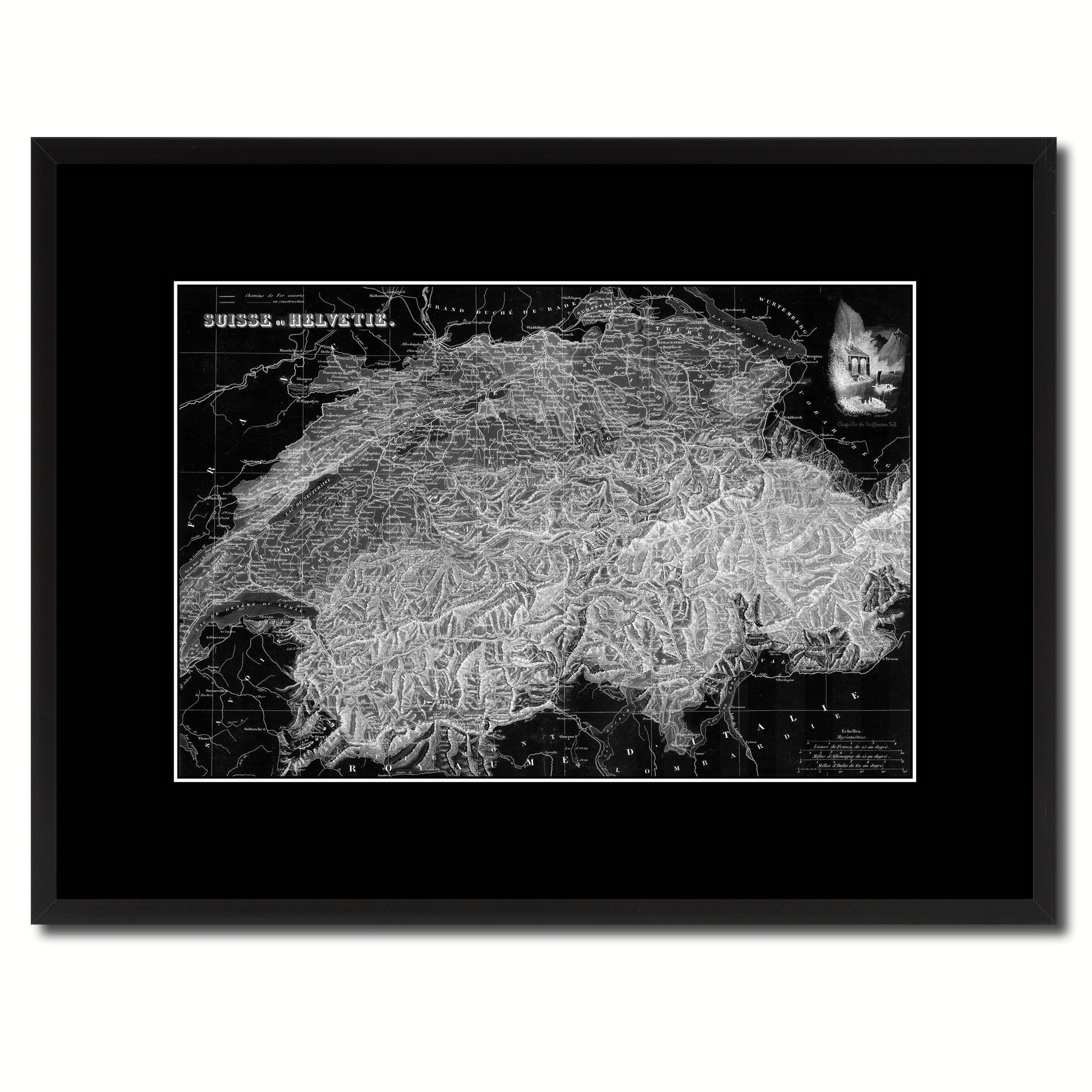 Switzerland Vintage Monochrome Map Canvas Print, Gifts Picture Frames Home Decor Wall Art