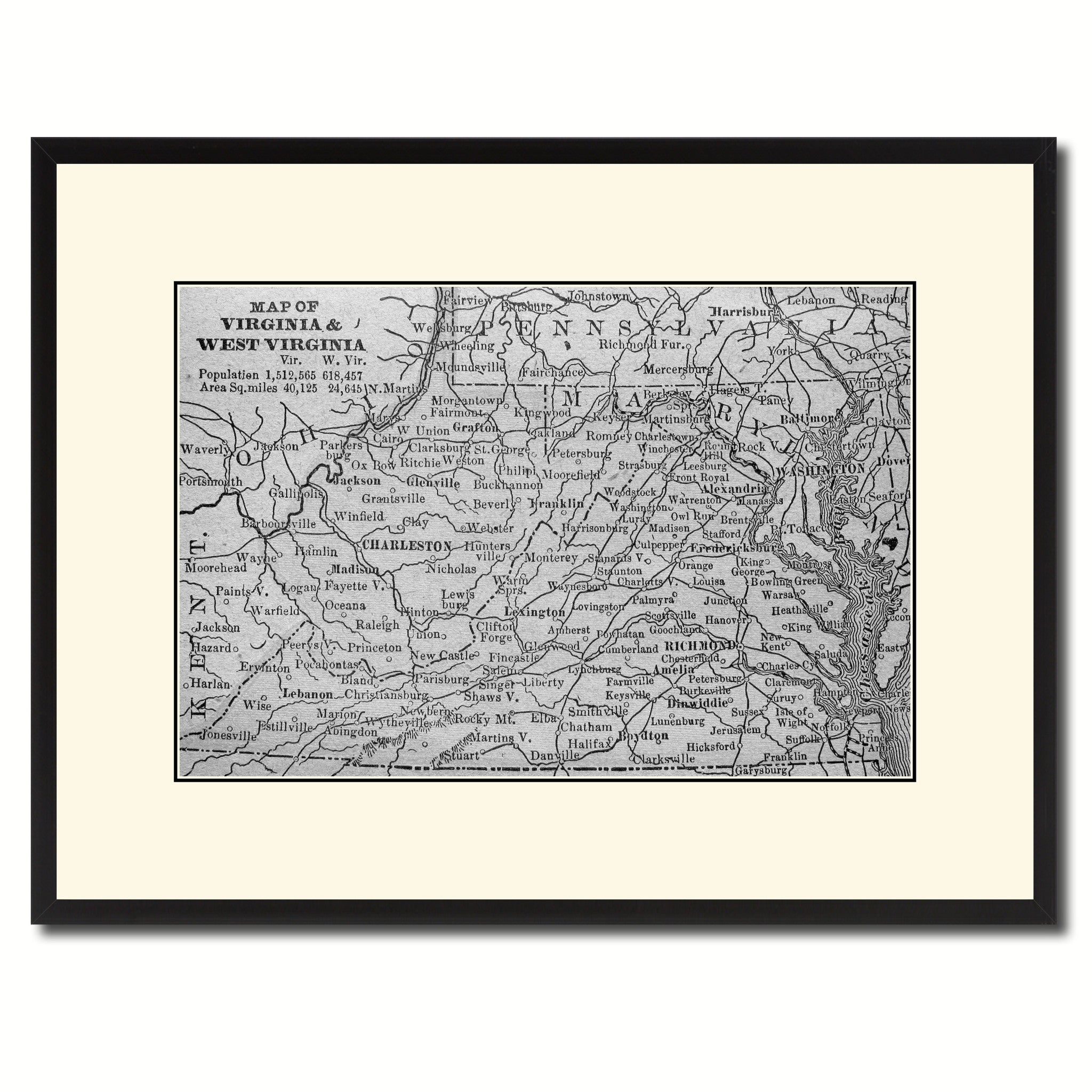 West Virginia Vintage B&W Map Canvas Print, Picture Frame Home Decor Wall Art Gift Ideas