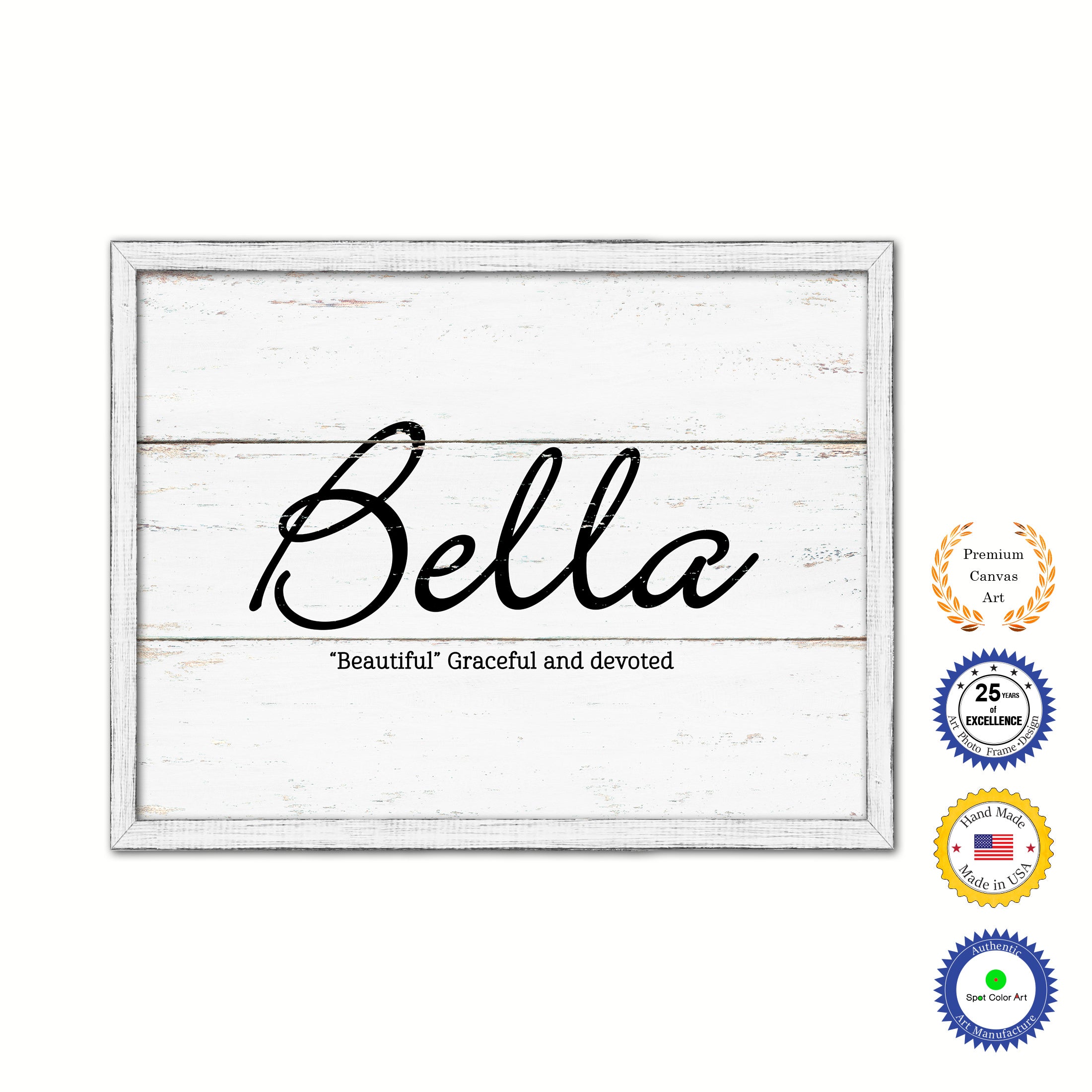 Bella Name Plate White Wash Wood Frame Canvas Print Boutique Cottage Decor Shabby Chic