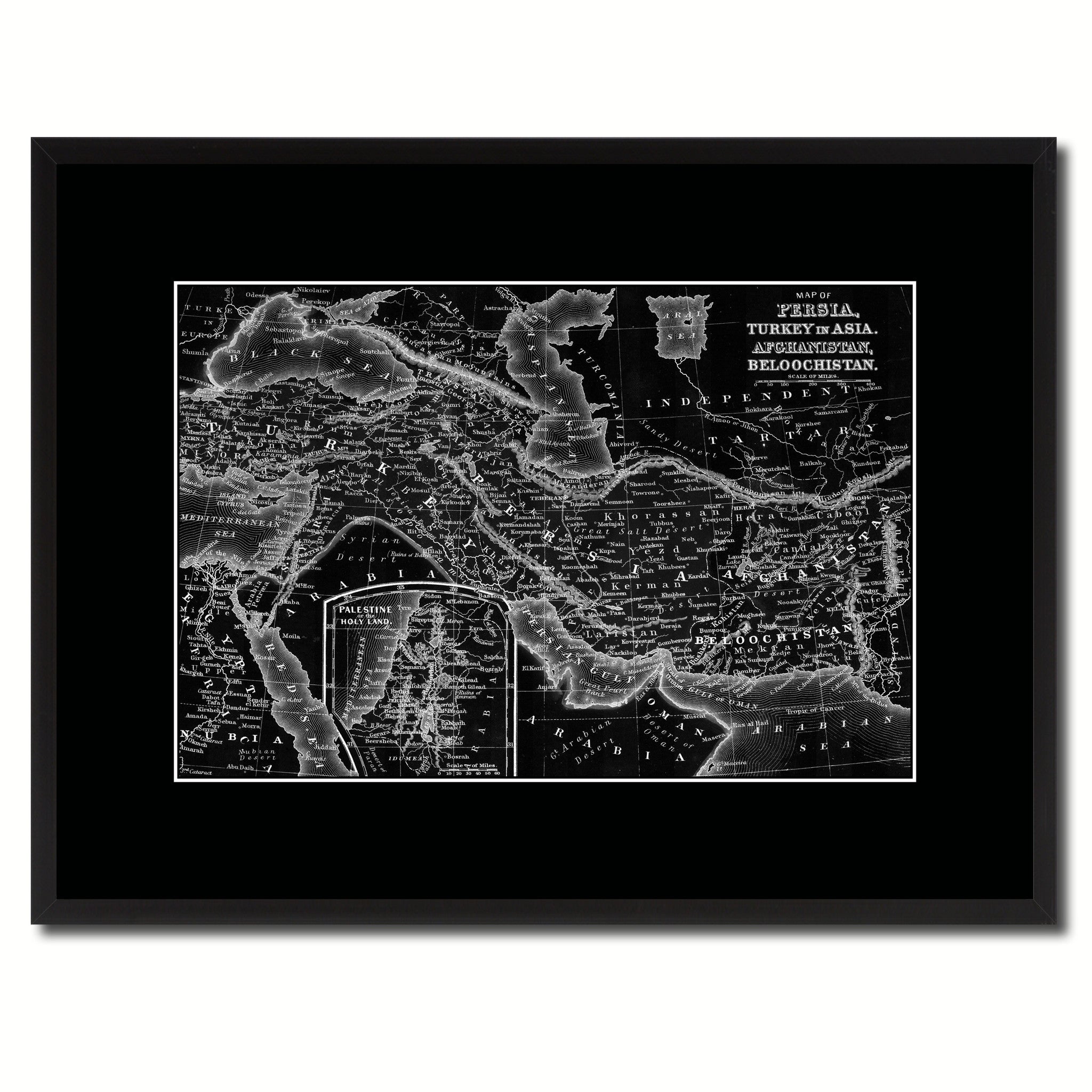 Persia Iraq Iran Afghanistan Vintage Monochrome Map Canvas Print, Gifts Picture Frames Home Decor Wall Art