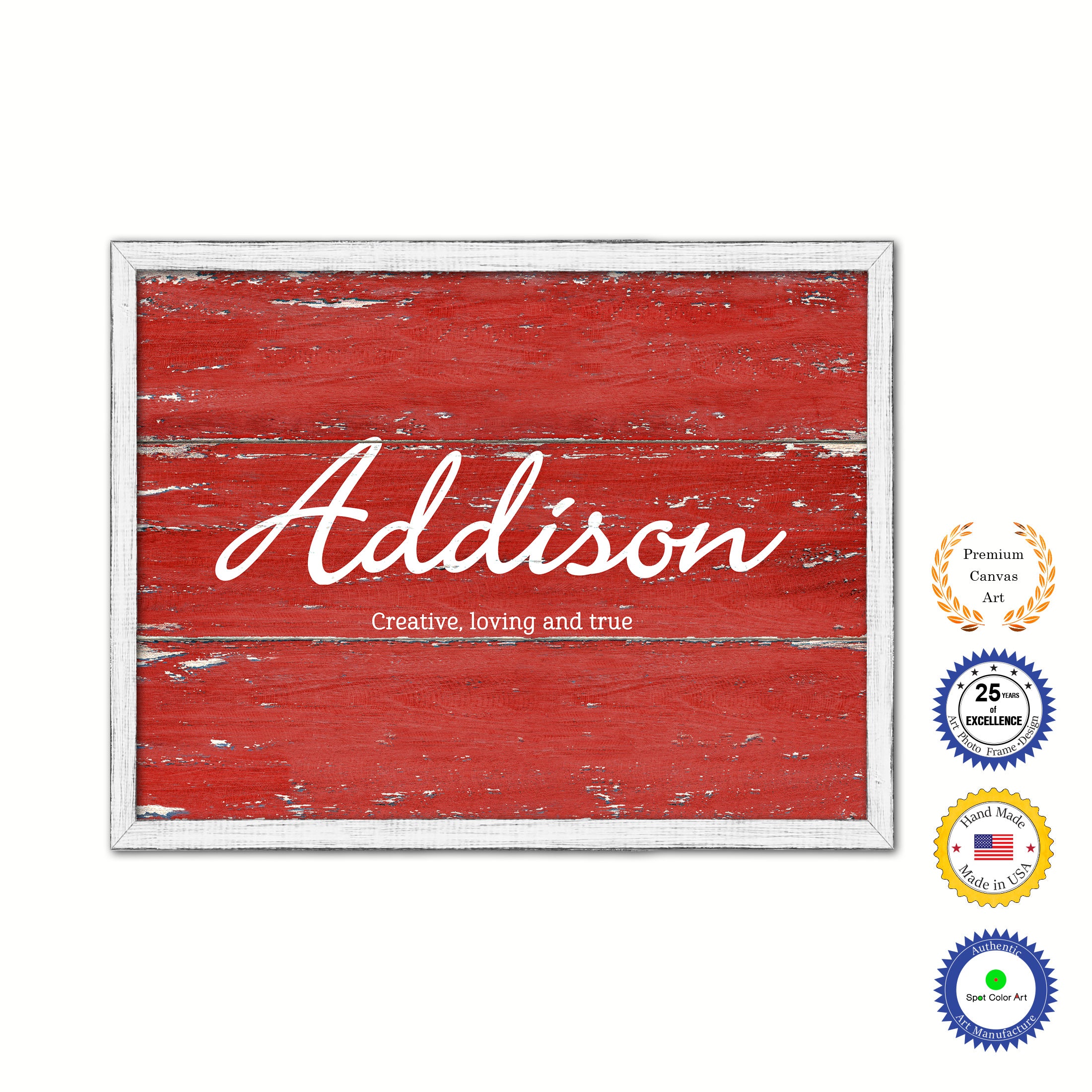 Addison Name Plate White Wash Wood Frame Canvas Print Boutique Cottage Decor Shabby Chic