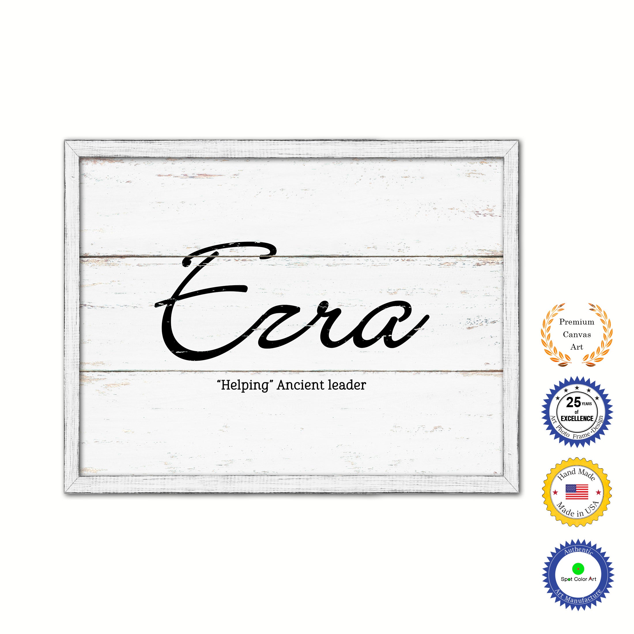 Ezra Name Plate White Wash Wood Frame Canvas Print Boutique Cottage Decor Shabby Chic