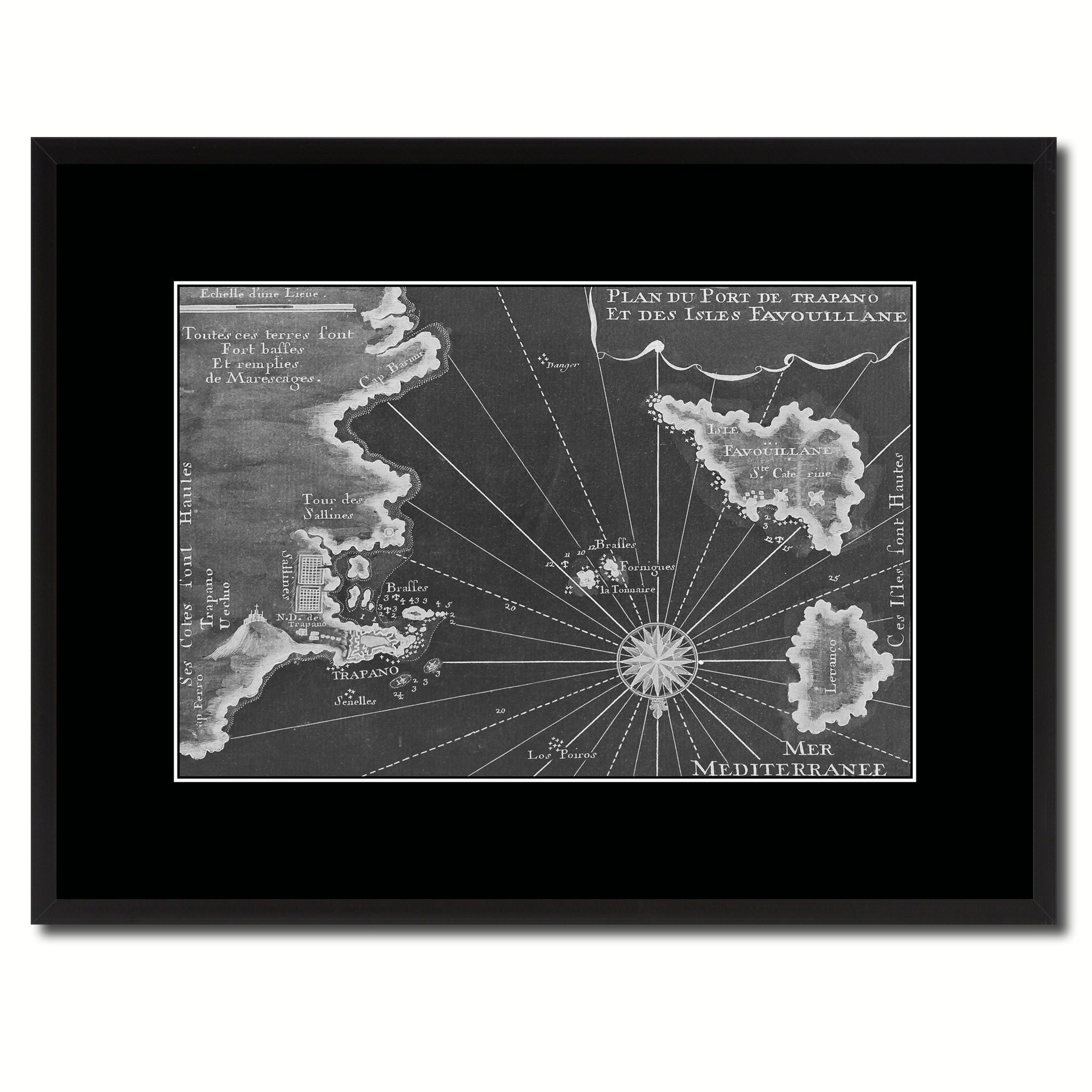 Sicily West Aegadian Islands Vintage Monochrome Map Canvas Print, Gifts Picture Frames Home Decor Wall Art