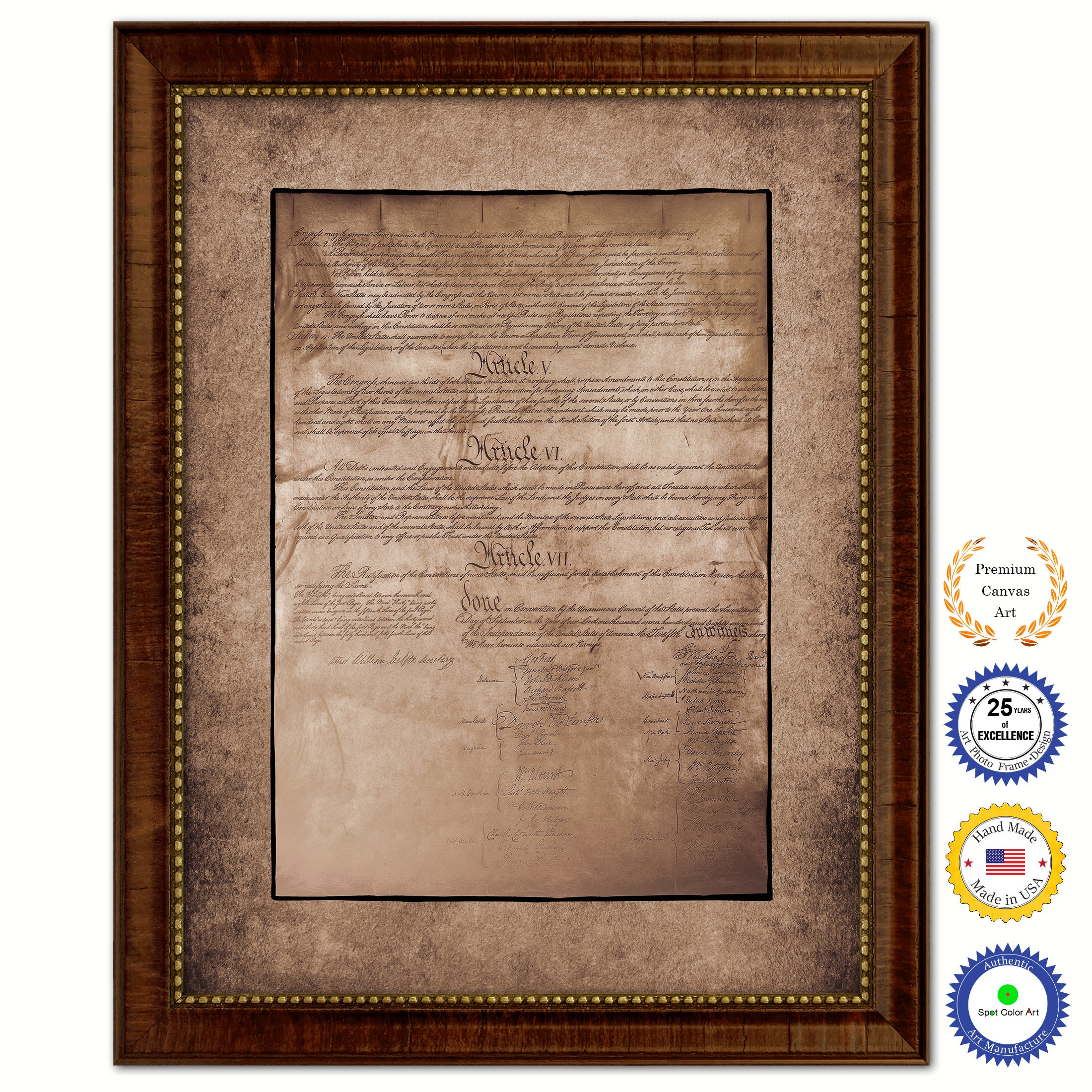 Constitution We The People Canvas Print Home Decor Wall Art, Sepia, Brown Framed