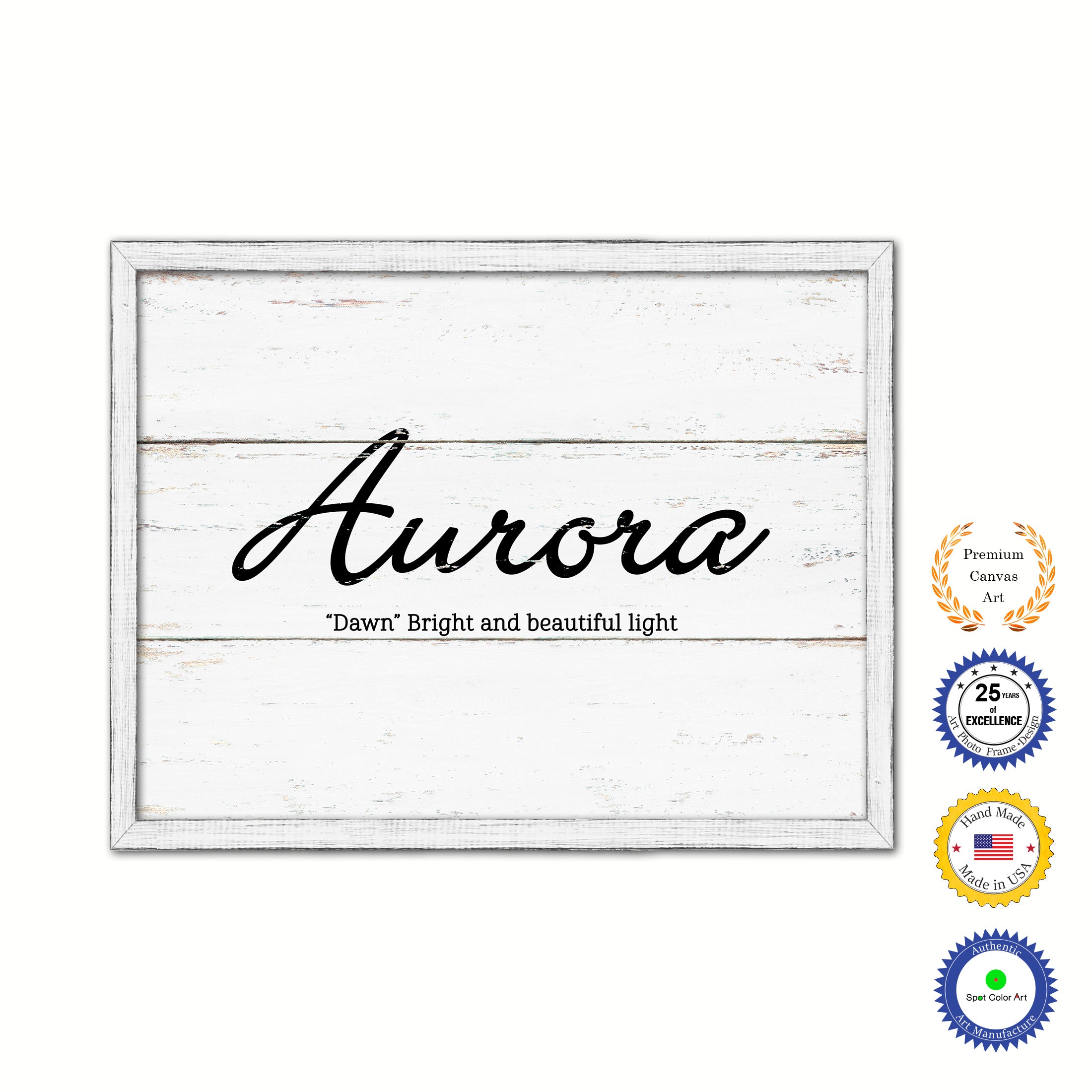 Aurora Name Plate White Wash Wood Frame Canvas Print Boutique Cottage Decor Shabby Chic