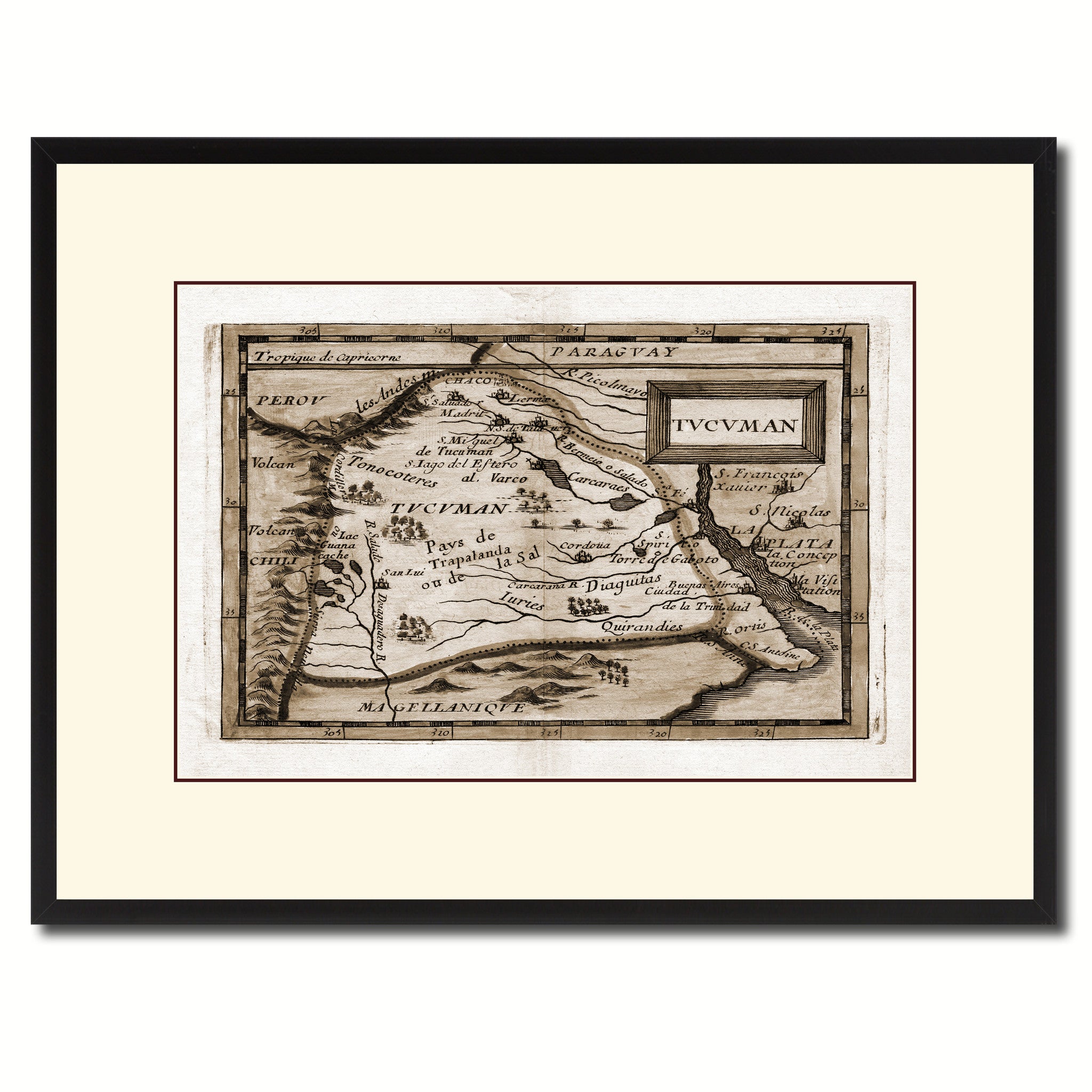 Tucuman Argentina Buenos Aires Vintage Sepia Map Canvas Print, Picture Frame Gifts Home Decor Wall Art Decoration