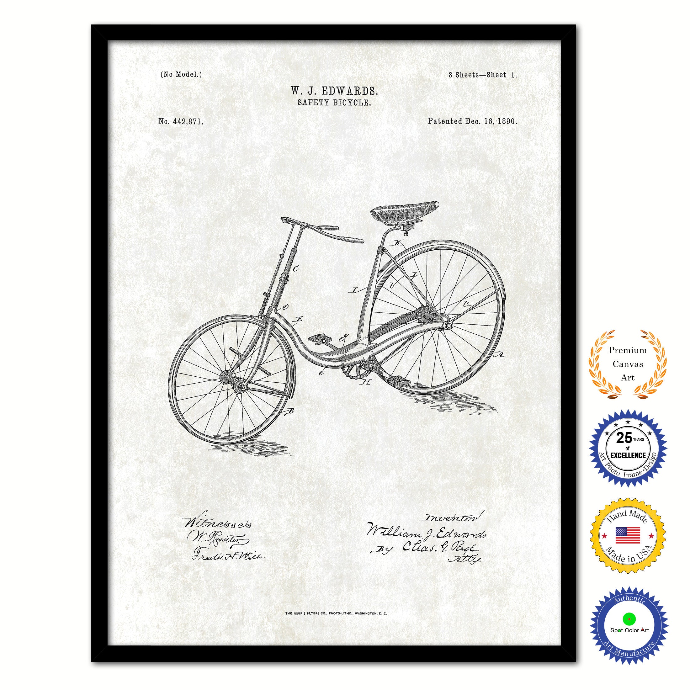 1890 Safety Bicycle Old Patent Art Print on Canvas Custom Framed Vintage Home Decor Wall Decoration Great for Gifts