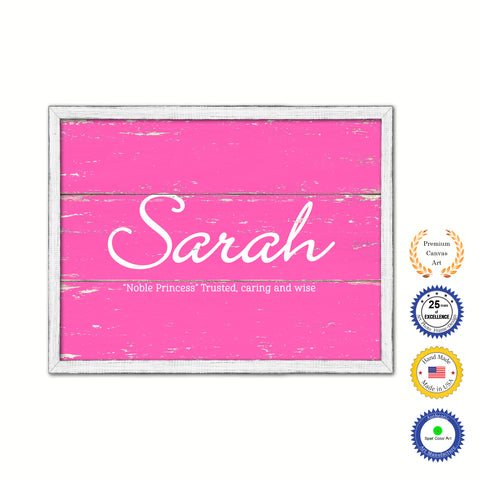 Sarah Name Plate White Wash Wood Frame Canvas Print Boutique Cottage Decor Shabby Chic