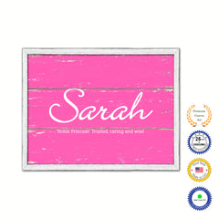 Sarah Name Plate White Wash Wood Frame Canvas Print Boutique Cottage Decor Shabby Chic