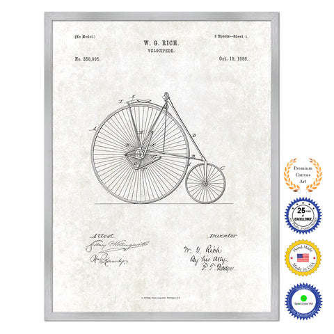 1886 Velocipede Old Patent Art Print on Canvas Custom Framed Vintage Home Decor Wall Decoration Great for Gifts