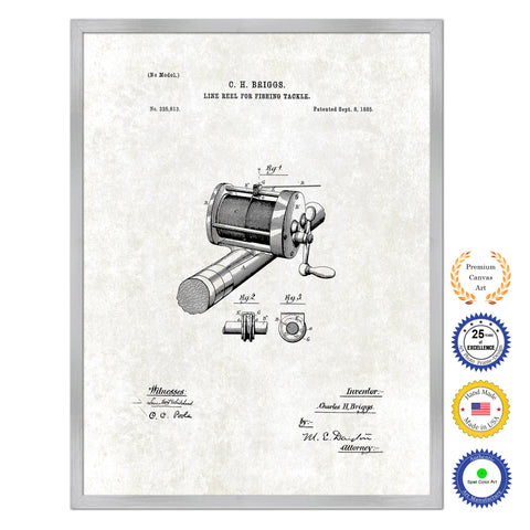 1885 Fishing Line Reel for Fishing Tackle Antique Patent Artwork Silver Framed Canvas Print Home Office Decor Great for Fisherman Cabin Lake House