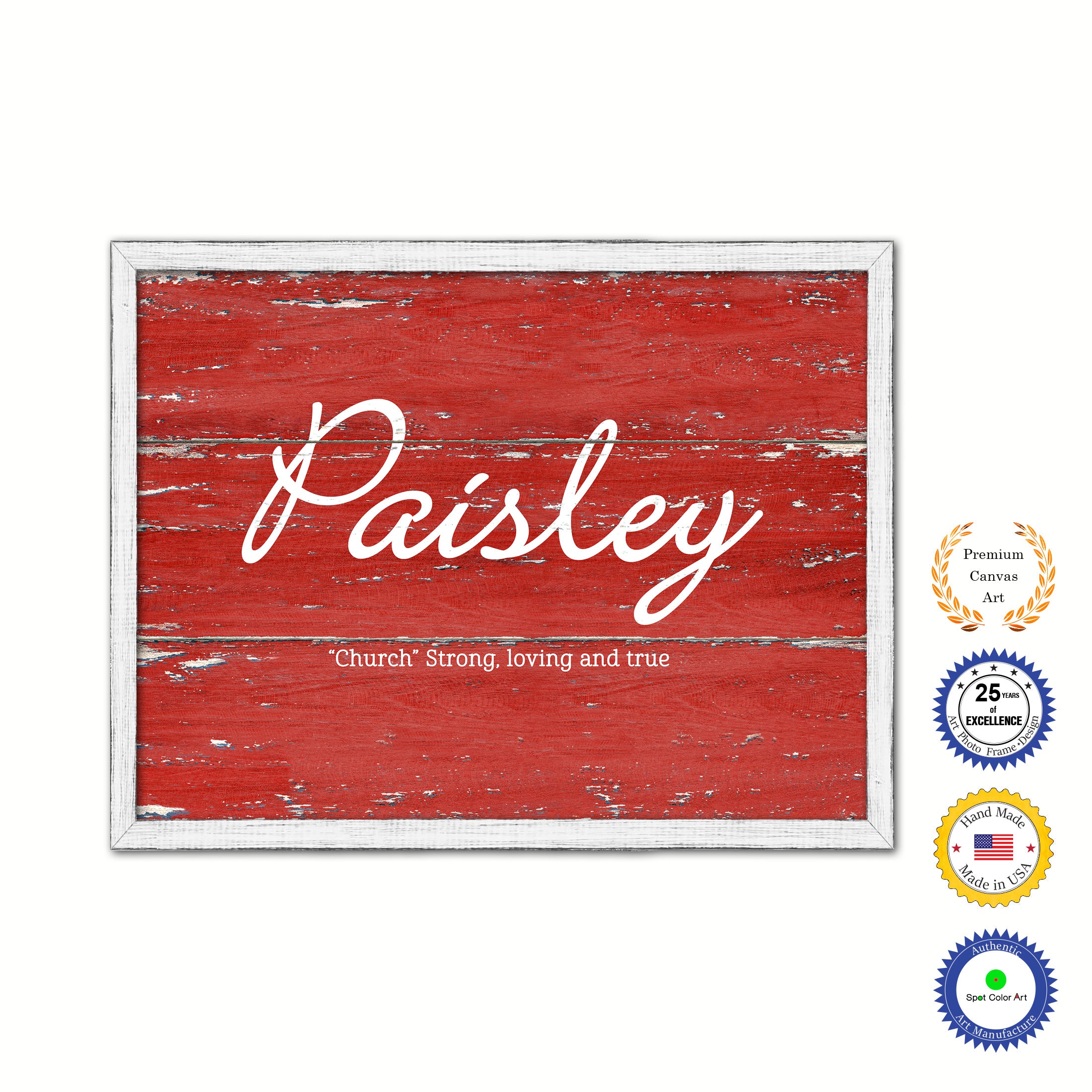 Paisley Name Plate White Wash Wood Frame Canvas Print Boutique Cottage Decor Shabby Chic