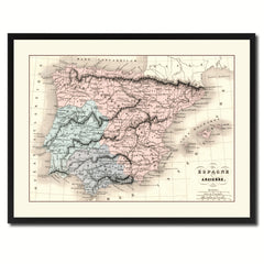 Spain Portugal Vintage Antique Map Wall Art Home Decor Gift Ideas Canvas Print Custom Picture Frame