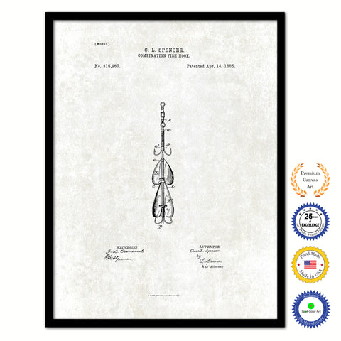 1885 Fishing Combination Fish Hook Vintage Patent Artwork Black Framed Canvas Print Home Office Decor Great for Fisherman Cabin Lake House