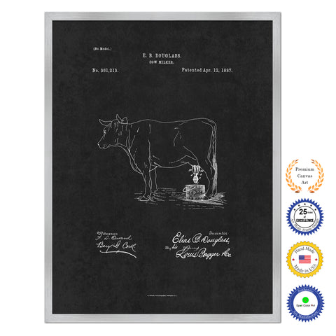 1887 Farming Cow Milker Antique Patent Artwork Silver Framed Canvas Home Office Decor Great for Farmer Milk Lover Cattle Rancher