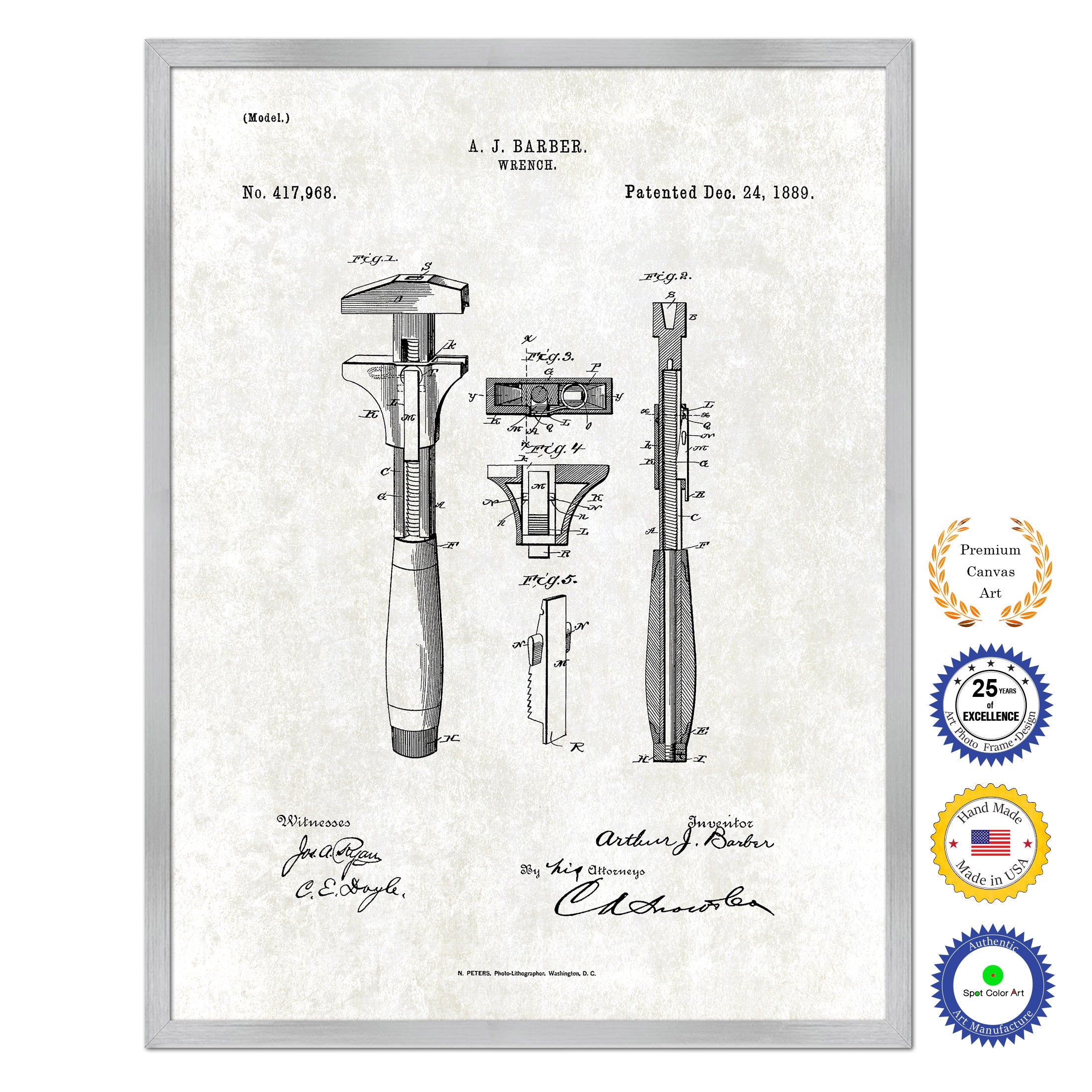 1889 Wrench Old Patent Art Print on Canvas Custom Framed Vintage Home Decor Wall Decoration Great for Gifts