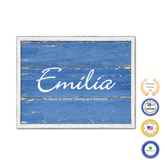 Emilia Name Plate White Wash Wood Frame Canvas Print Boutique Cottage Decor Shabby Chic