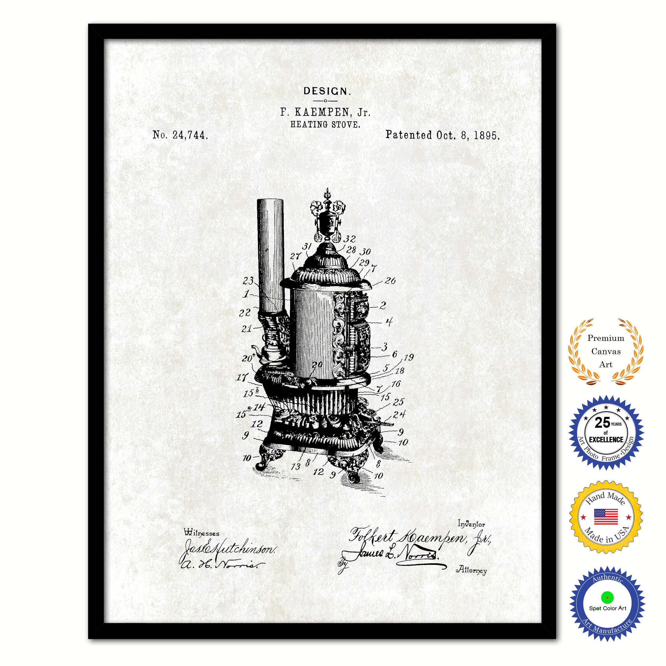 1895 Heating Stove Old Patent Art Print on Canvas Custom Framed Vintage Home Decor Wall Decoration Great for Gifts