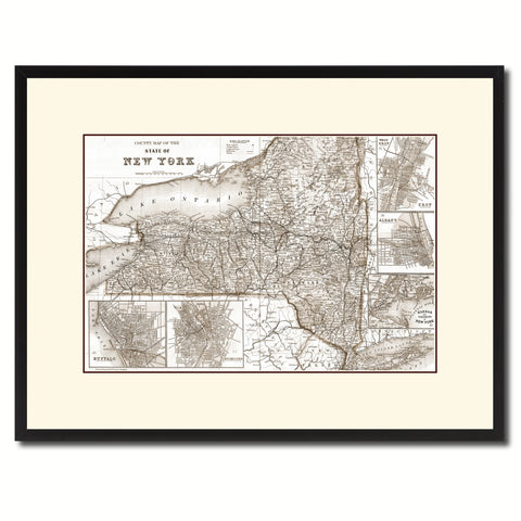New York Vintage Sepia Map Canvas Print, Picture Frame Gifts Home Decor Wall Art Decoration