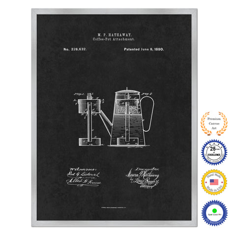 1880 Coffee Pot Attachment Antique Patent Artwork Silver Framed Canvas Home Office Decor Great for Coffee Lover Cafe Tea Shop