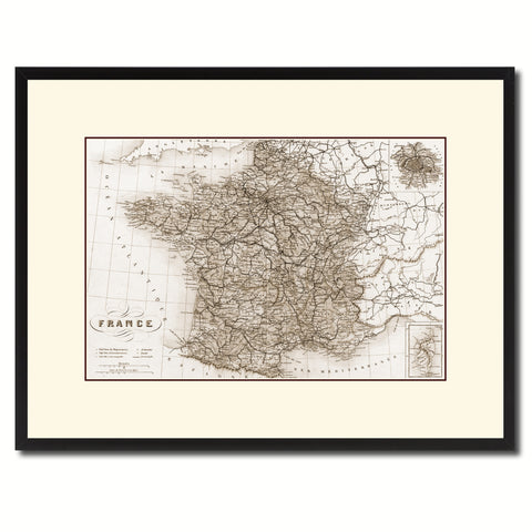 France Paris Vintage Sepia Map Canvas Print, Picture Frame Gifts Home Decor Wall Art Decoration